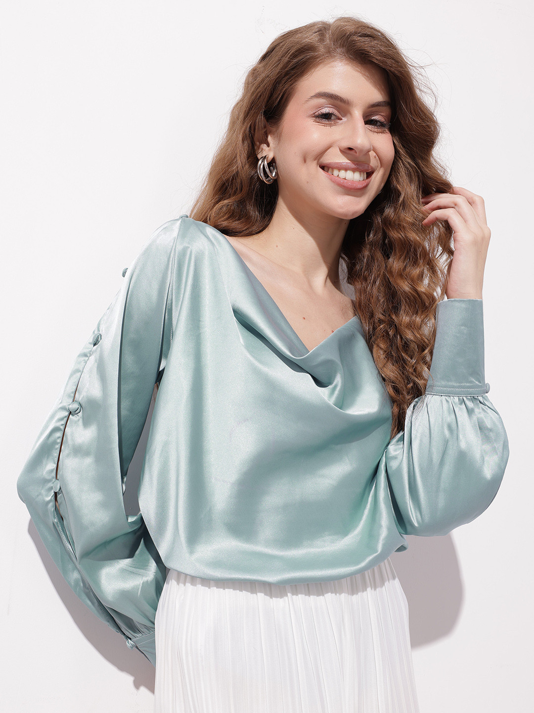 glitchez Satin Shine Cowl Neck Cuffed Sleeves Top