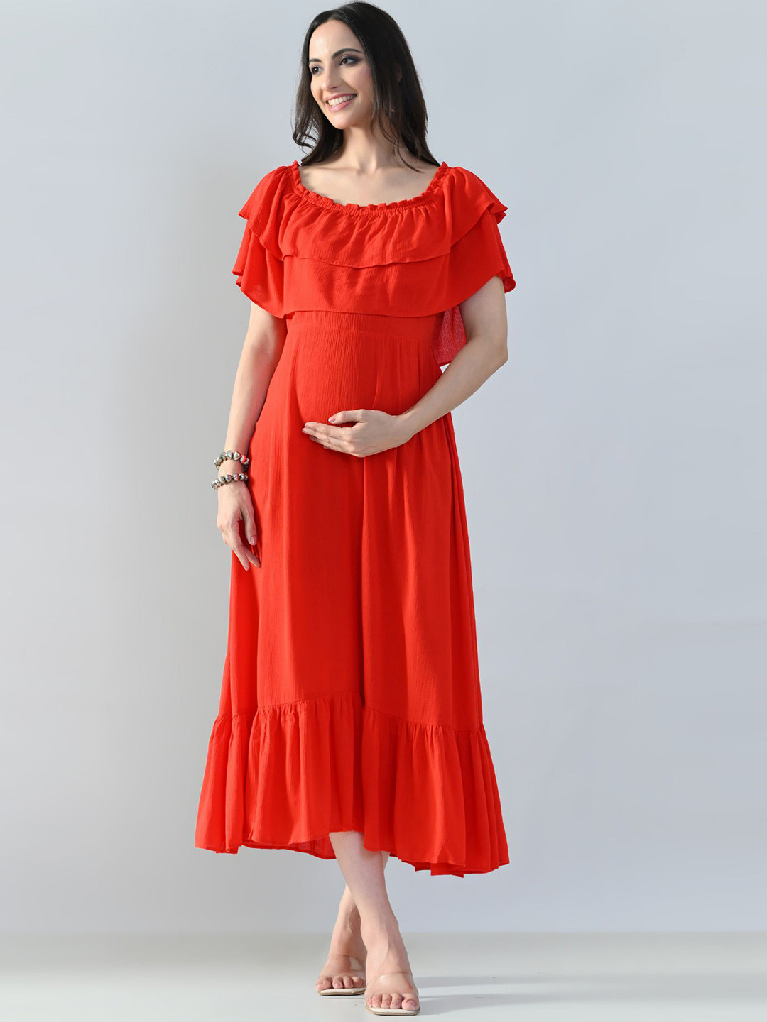 Aaruvi Ruchi Verma Off Shoulder Maternity A-Line Midi Dress