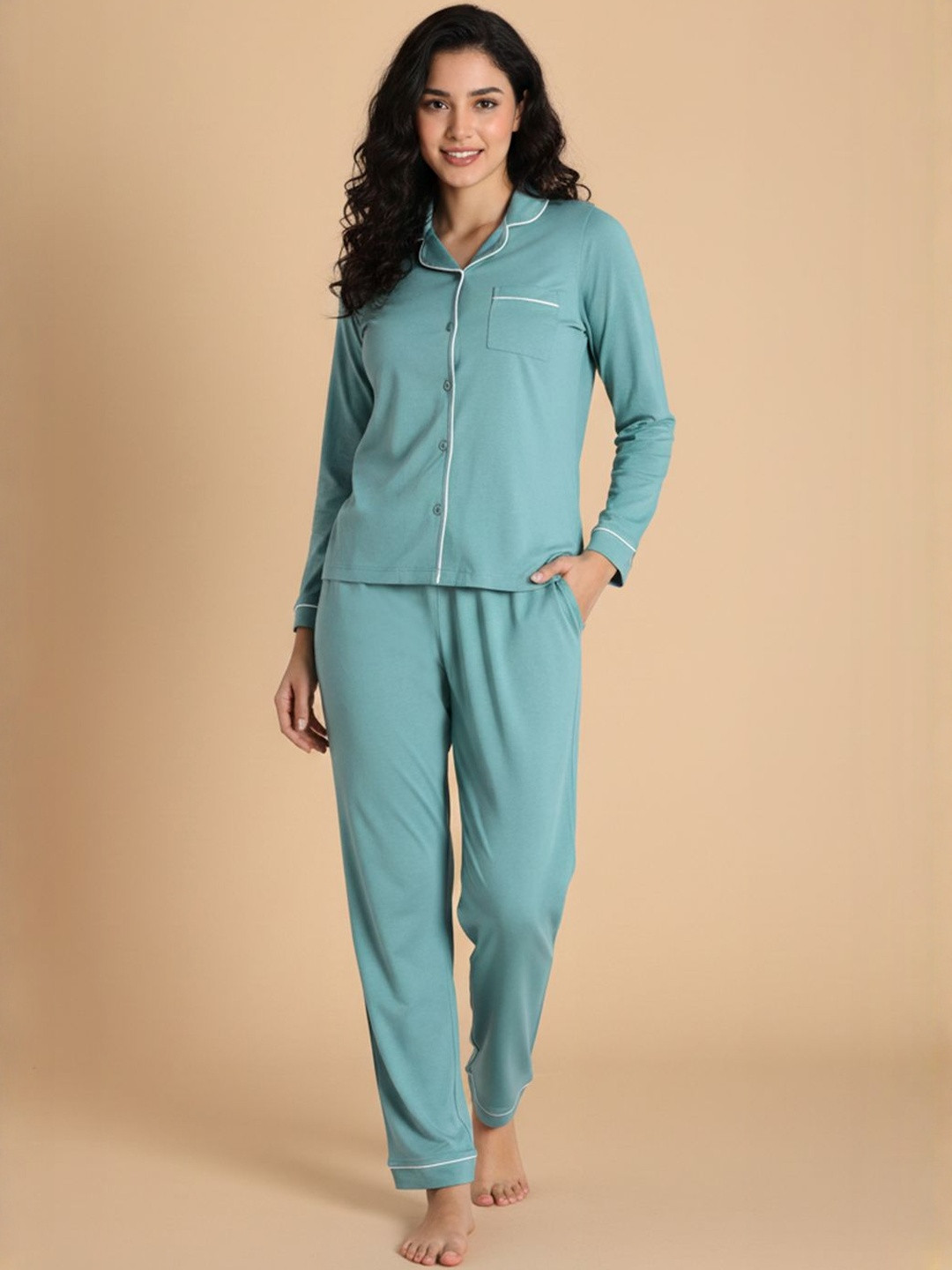 Zivame Women Solid Lapel Collar Pure Cotton Night suit