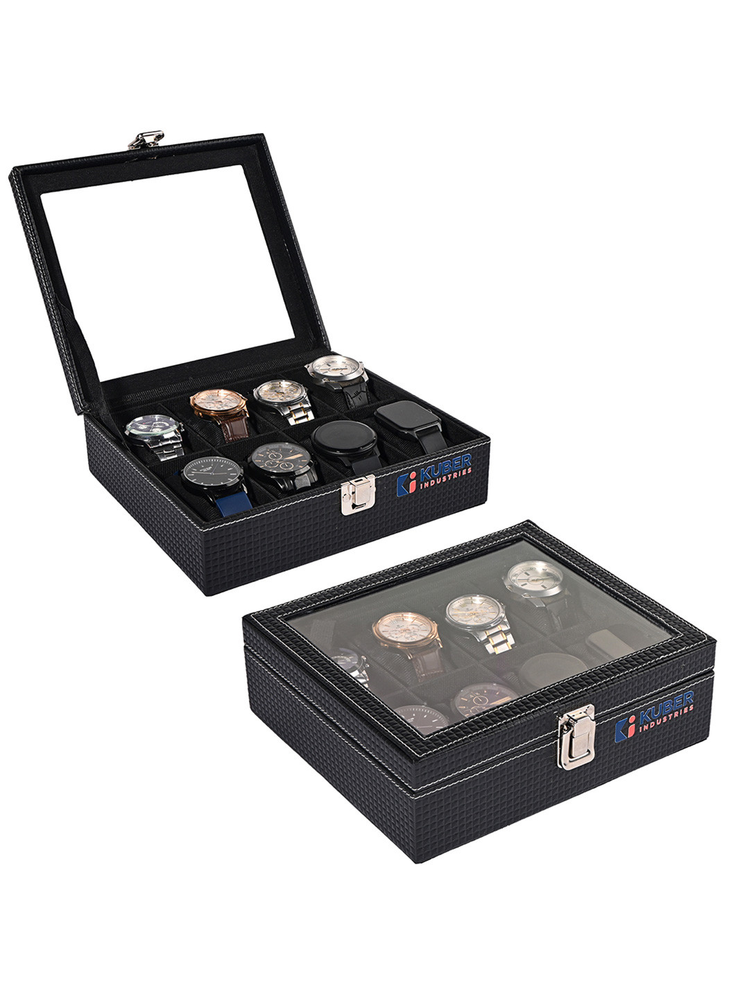 Kuber Industries Men Pack Of 2 Black Faux Leather 8 Slots Wrist Watch Organiser Storage