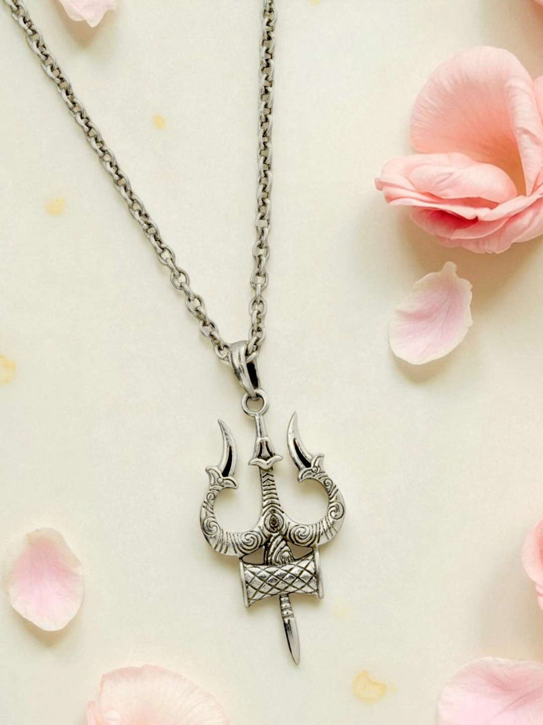 Azita 925 Sterling Silver Shiv Trishul with Damru Pendant