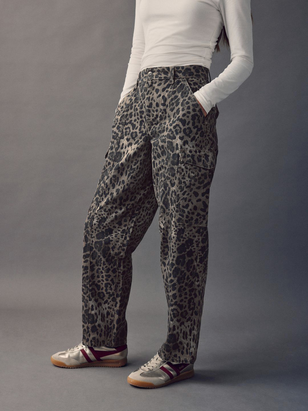 NEXT Women Leopard Print Pure Cotton Cargo Style Straight Fit Jeans