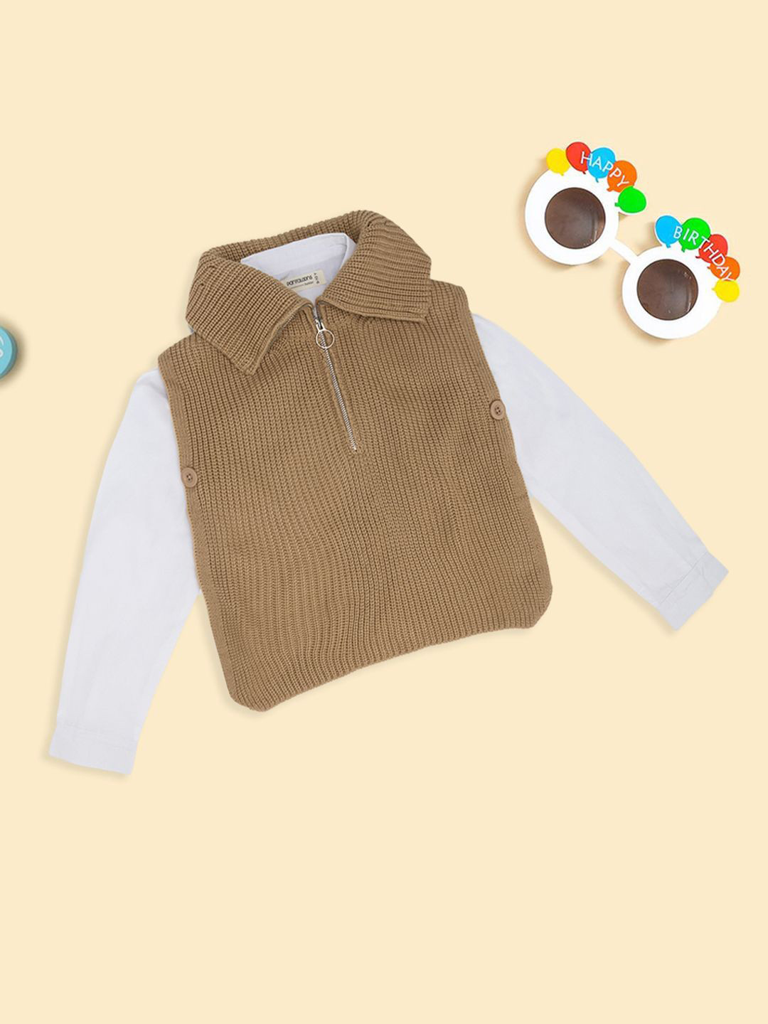 Pantaloons Junior Girls Ribbed Button Detail Half Zipper Sleeveless Cotton Sweater Vest