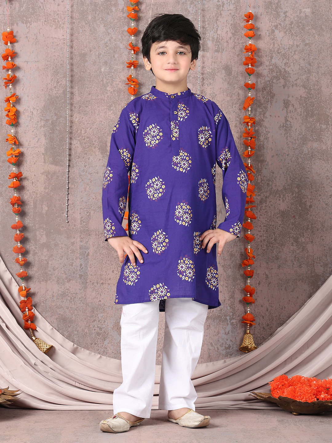 Superminis Boys  Pure Cotton Gold Foil Printed Purple & White Kurta Pyjama Set
