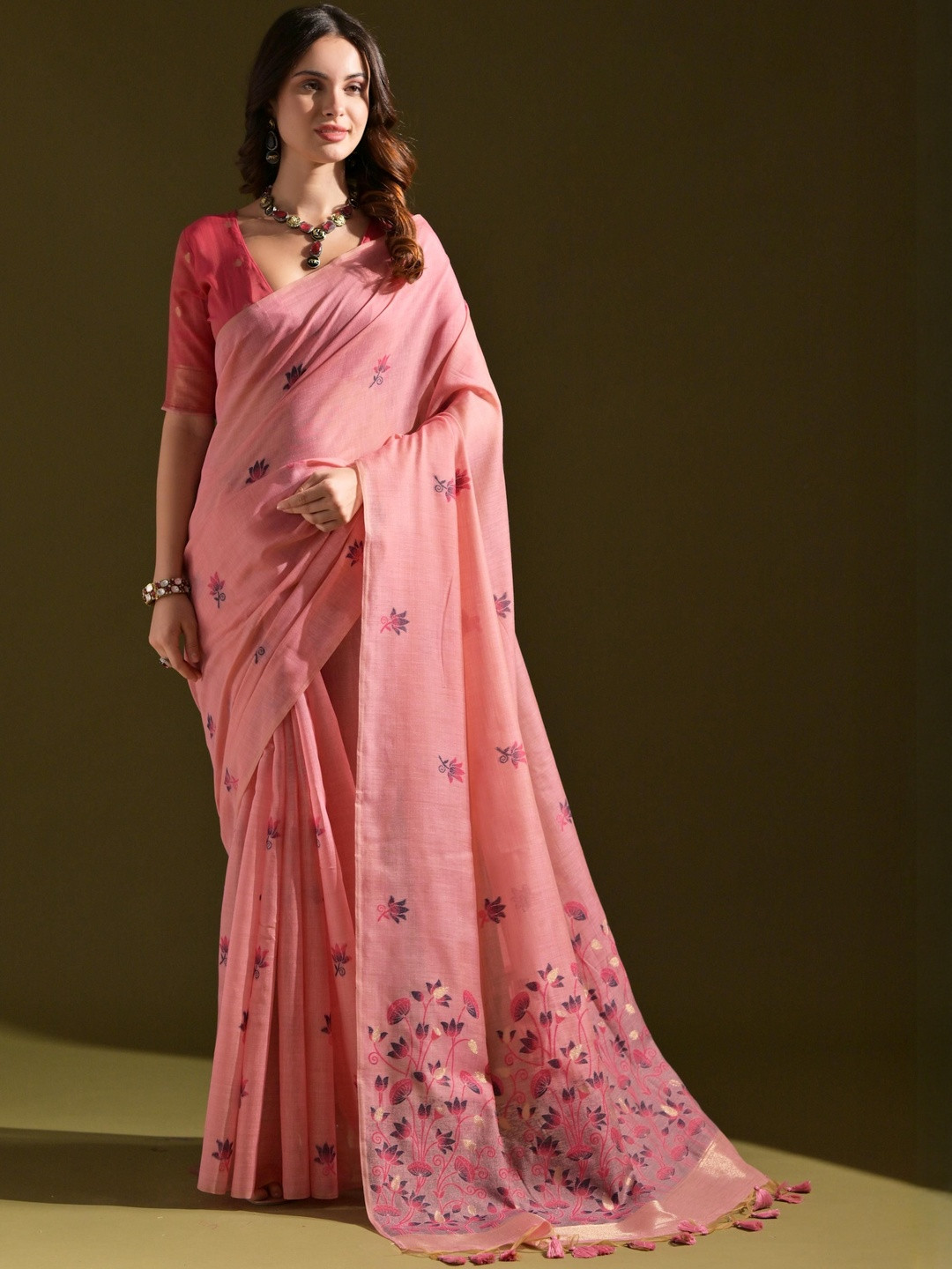 Peach Petals Floral Printed Muga Saree With Pichwai-Style Floral Weaving Pallu