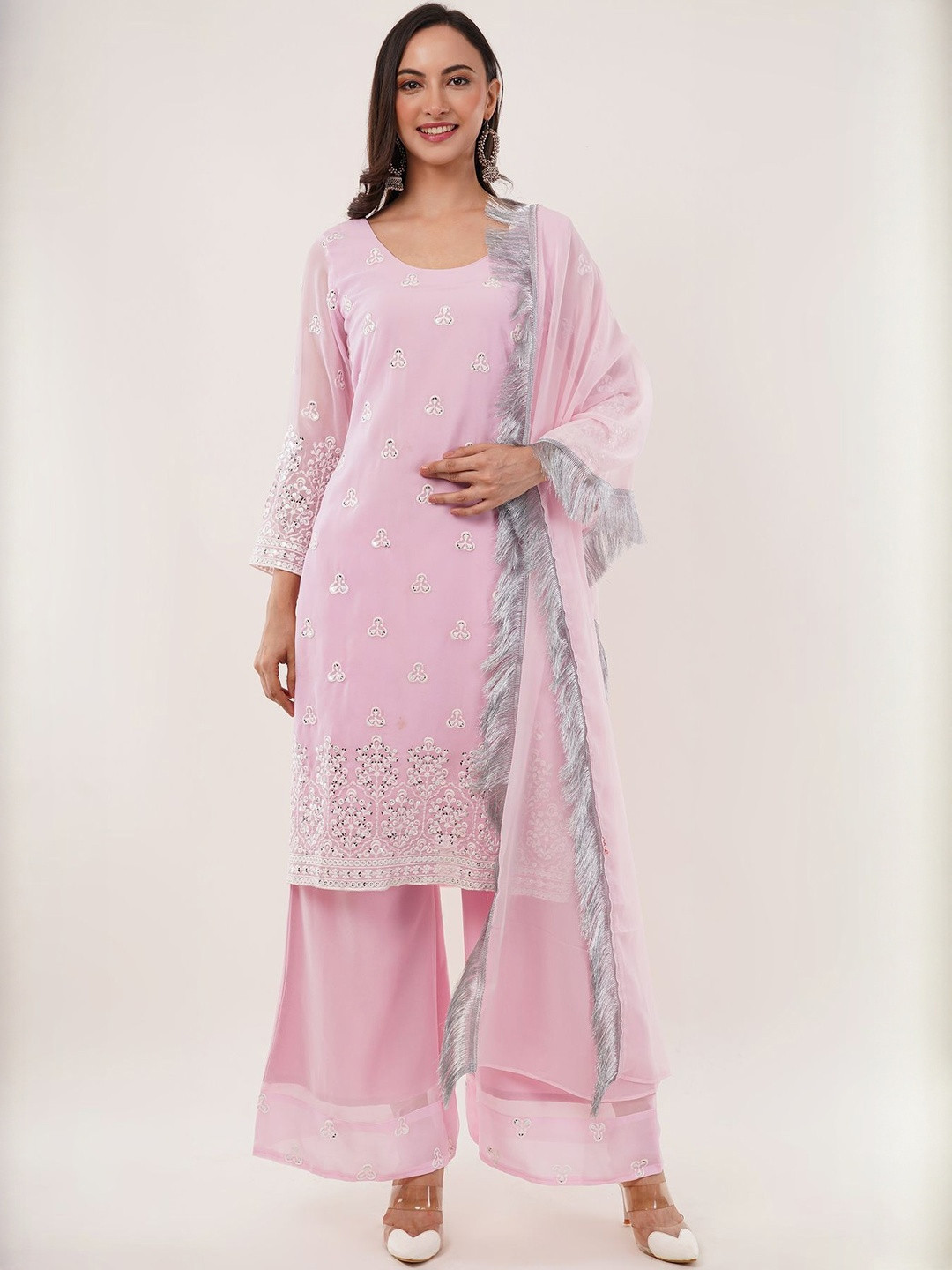 Mishy Ethnic Motifs Embroidered Mirror Work Pure Cotton Kurta With Palazzos & Dupatta