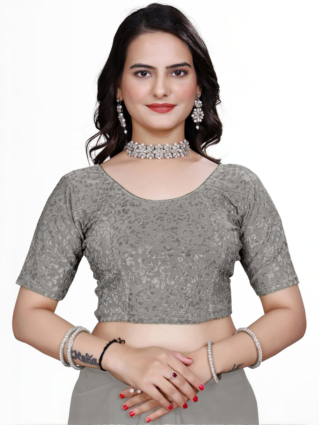 KIPZY Women Woven Design Round Neck Saree Blouse