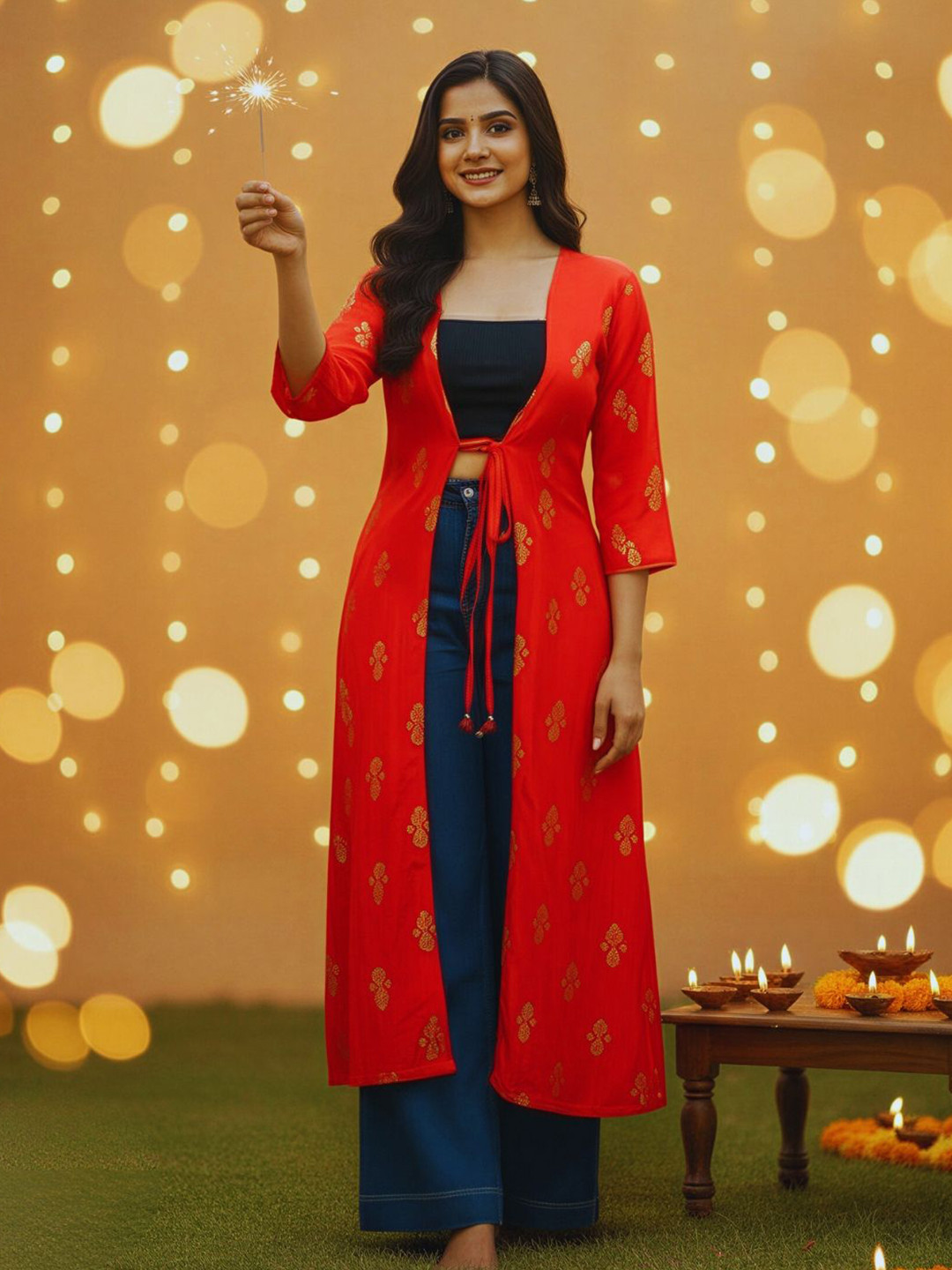 Sera Elegant Ethnic Printed Longline Tie-Up Shrug