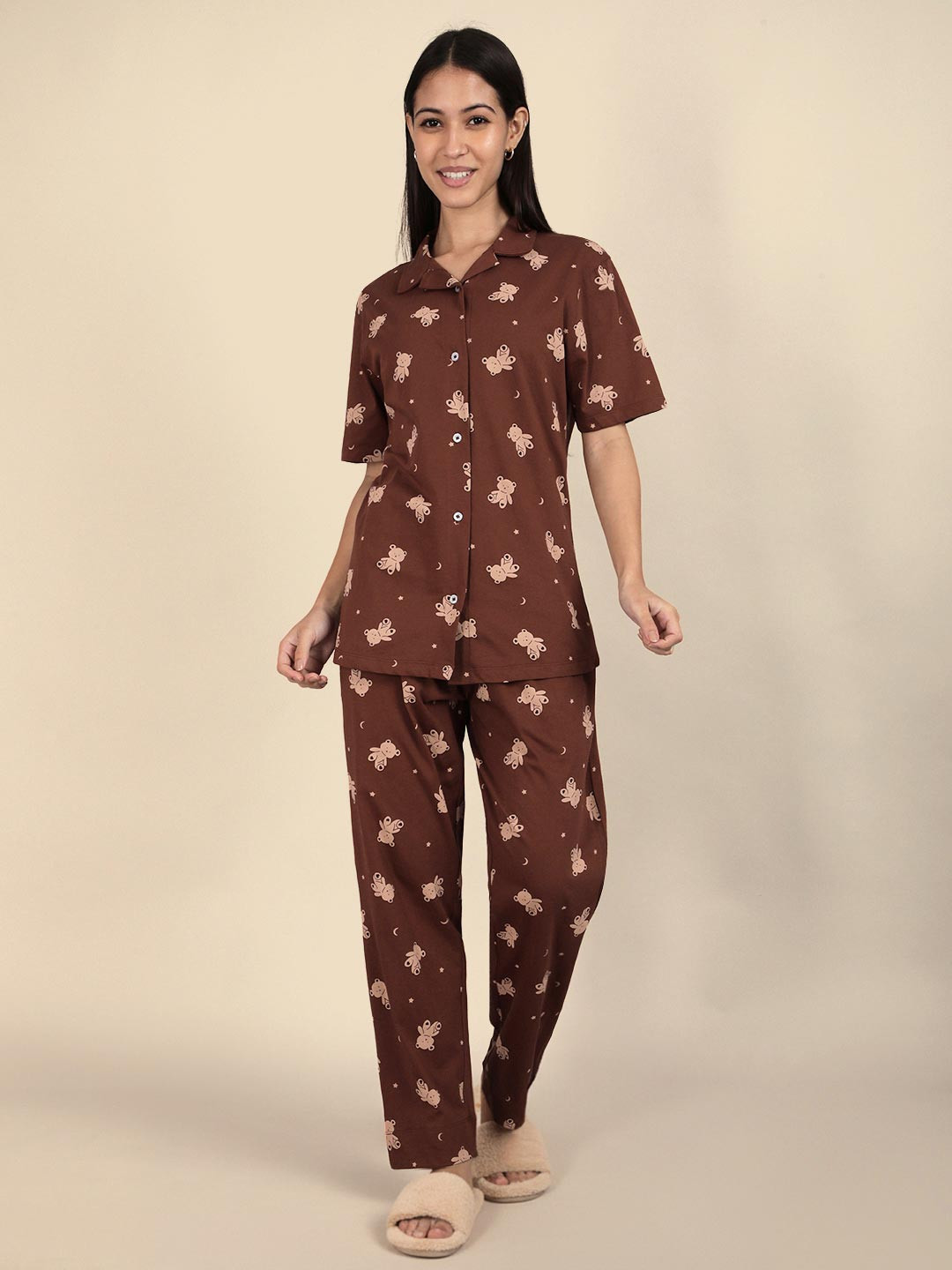 TWIN BIRDS Women Graphic Printed Button-Down Shirt & Pyjama Night suit