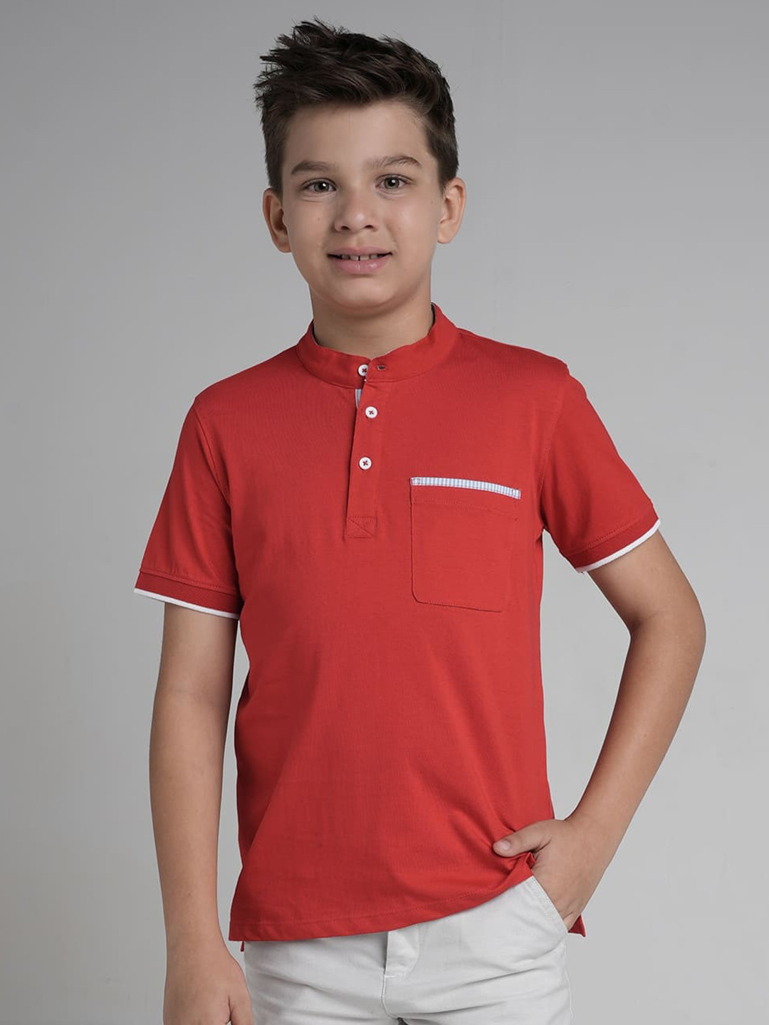 UNDER FOURTEEN ONLY Boys Solid Mandarin Collar Cotton T-shirt