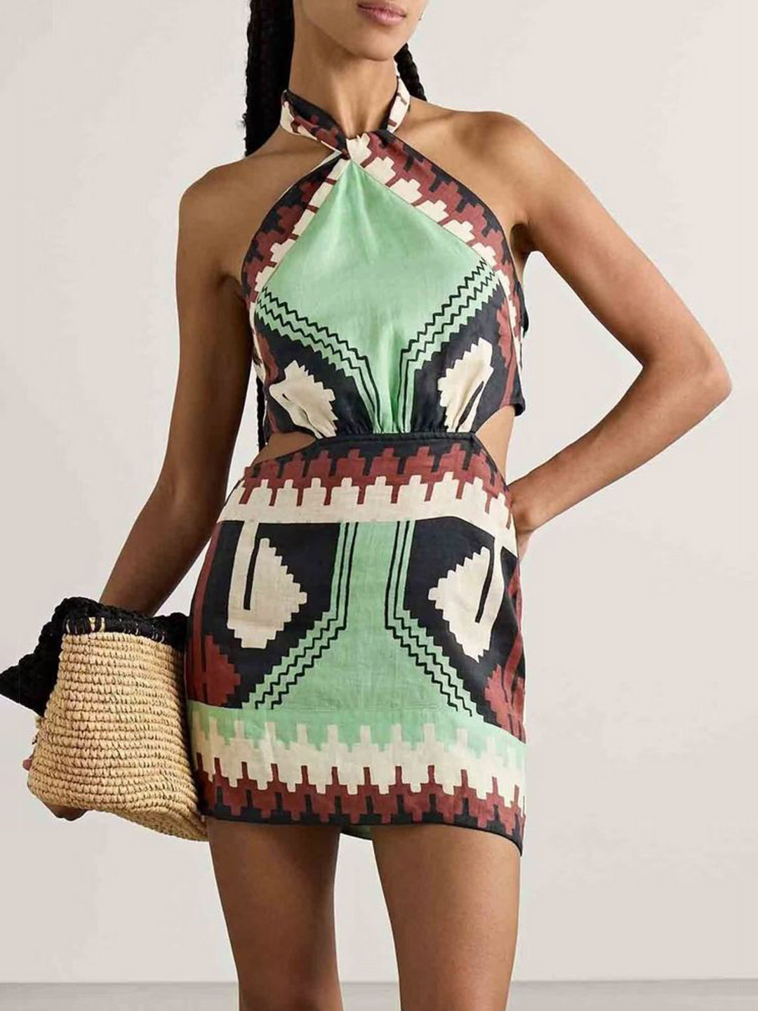 LULU & SKY Tribal Printed Halter Neck Cut-Outs Sheath Mini Dress