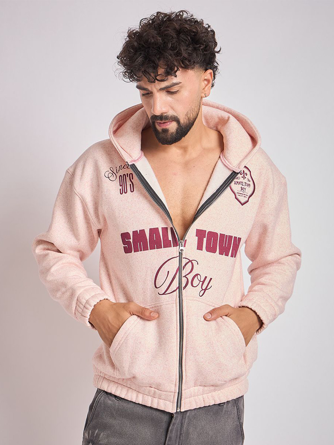 FUGAZEE Men Small Town Boy Typography Printed Hooded Sweatshirt