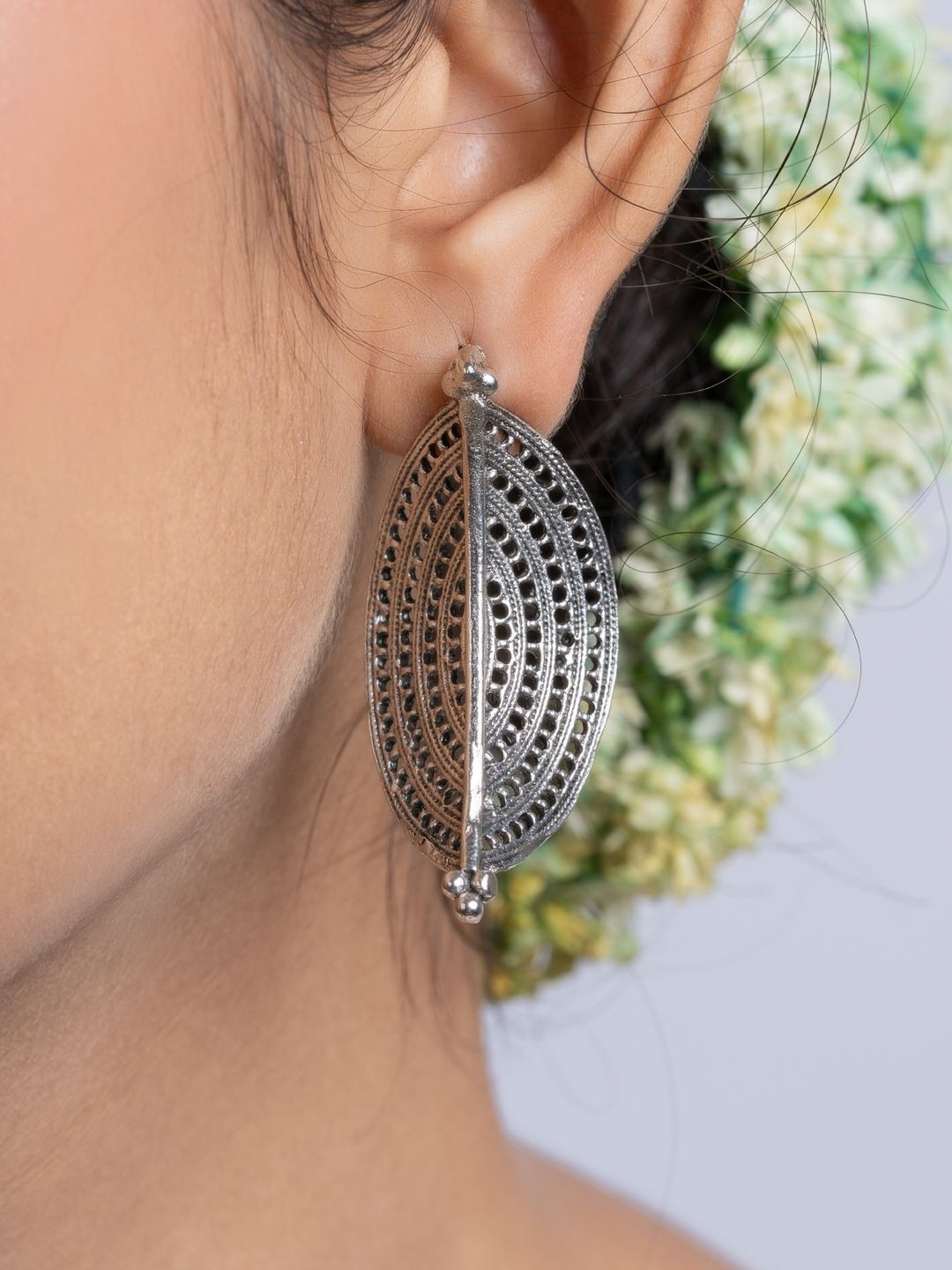 Look and Adorn German Silver Leaf Shaped Drop Earrings