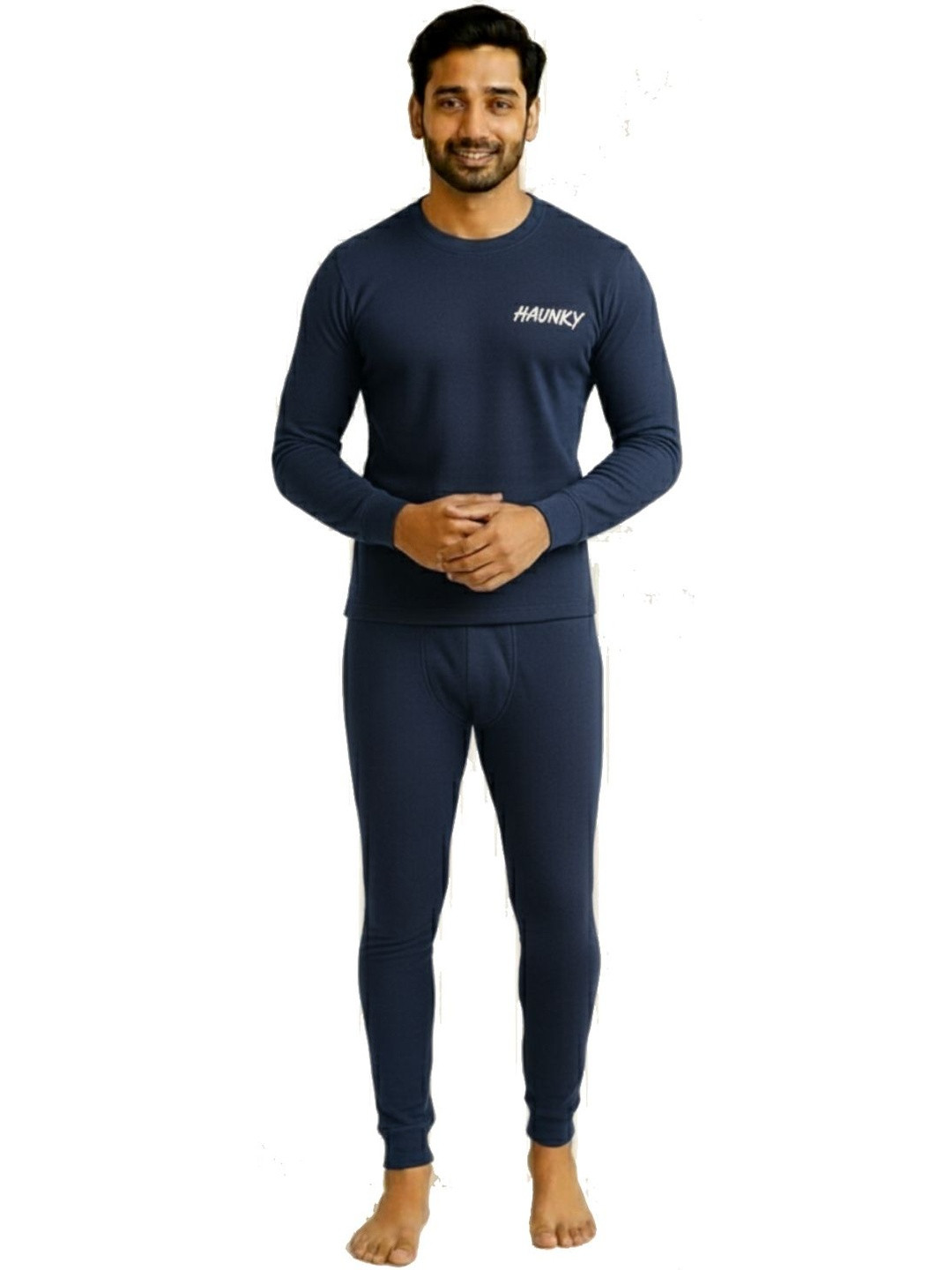 HAUNKY Men Round Neck Striped Thermal Set