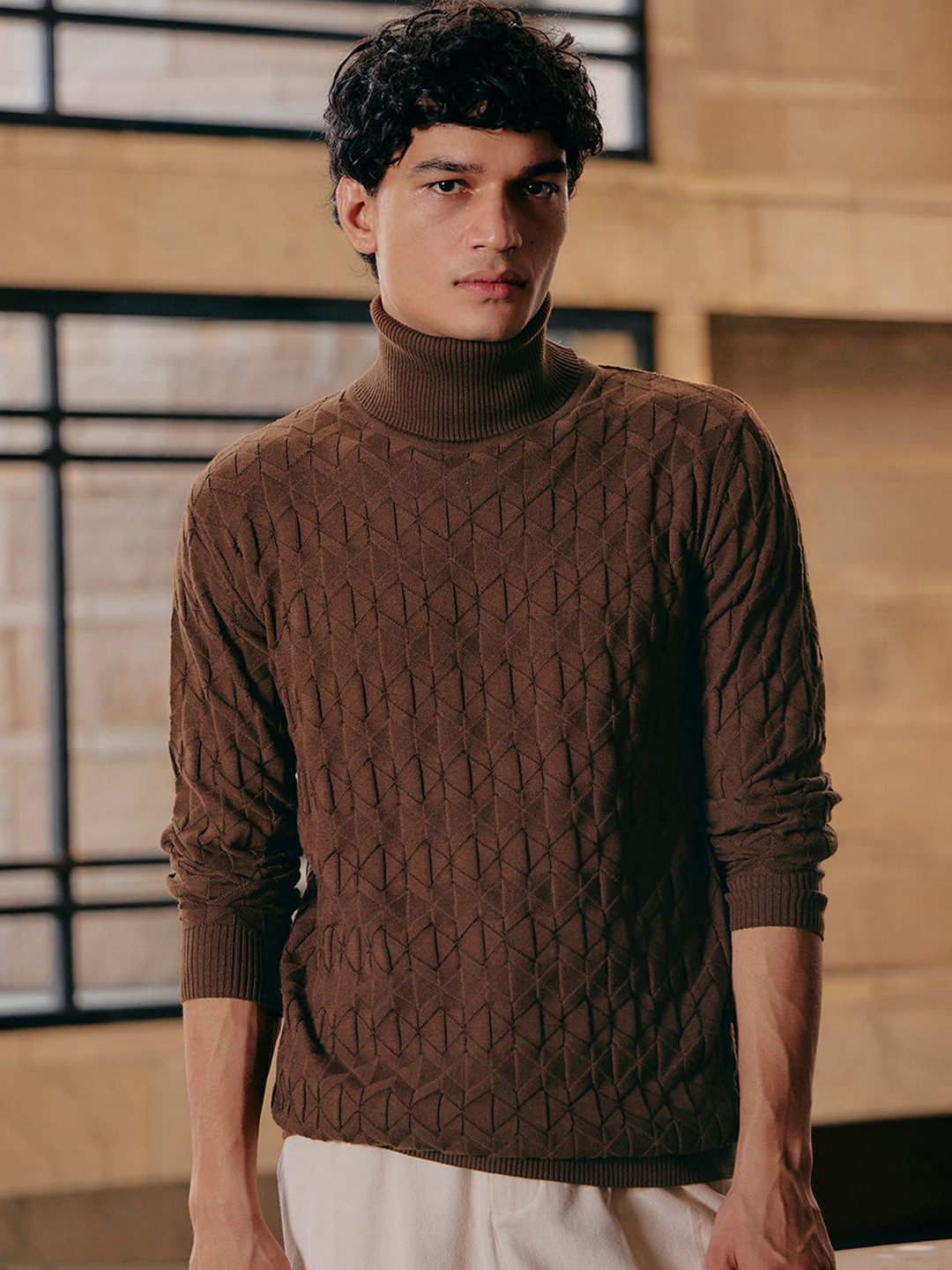 Andamen Men Structured Turtle Neck Long Sleeves Flat Knit Pullover