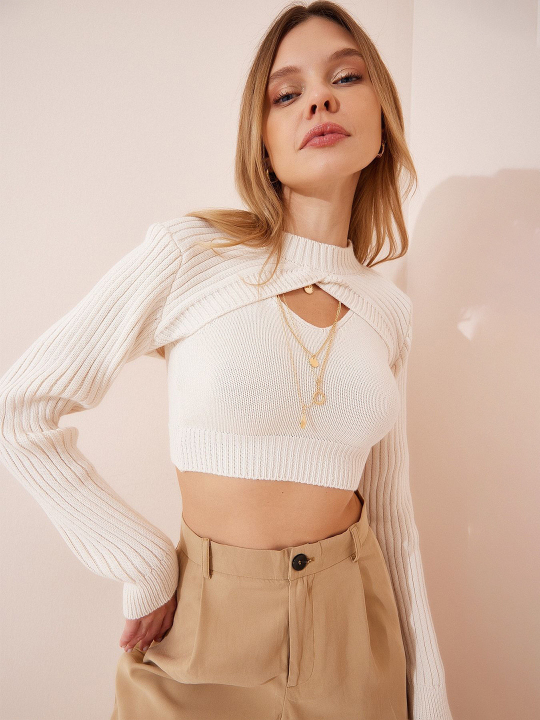 Happiness istanbul Women Krem Ribbed Crop Pullover Sweaters