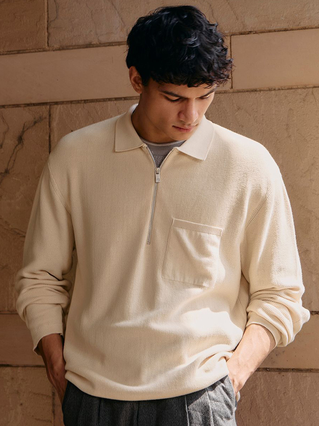 Andamen Men Structured Shirt Collar Long Sleeves Flat Knit Pullover