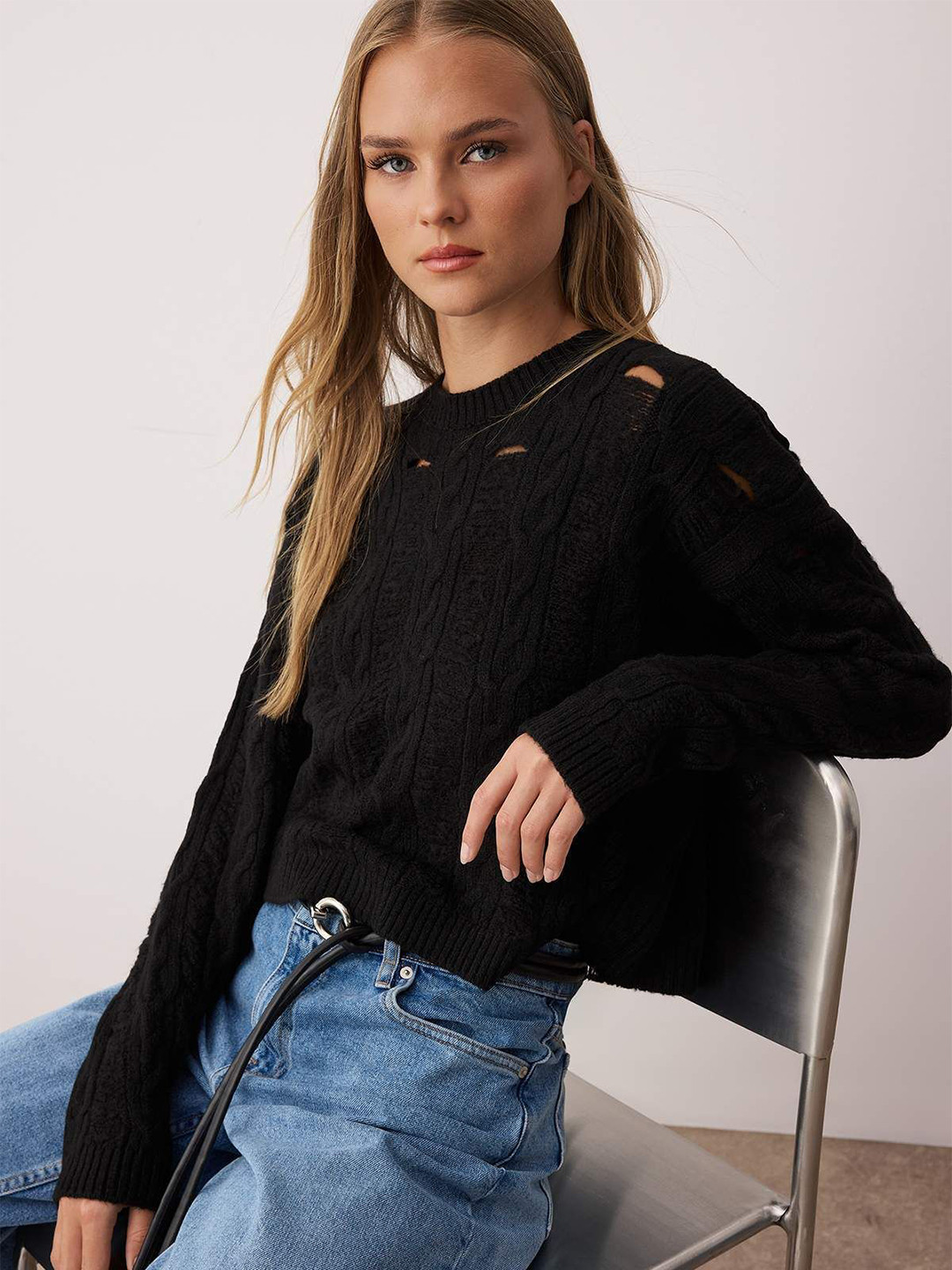 Trendyol Women Cable Knit Crop Pullover With Cut-Out Details