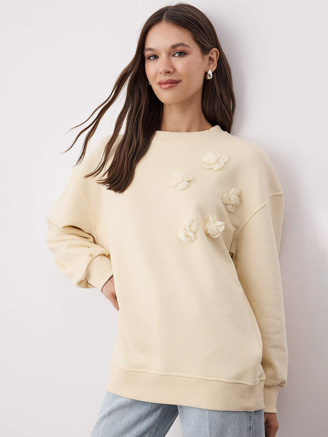 Trendyol Women Embellished Details Round Neck Long Sleeves Oversized Crop Sweatshirt