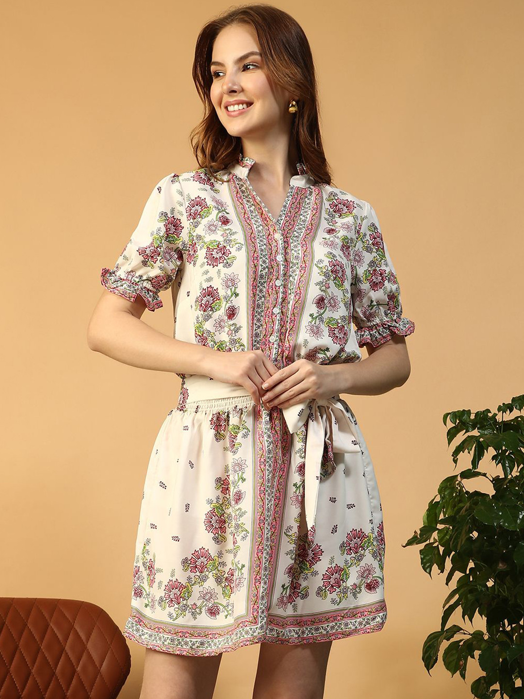 Oxolloxo Floral Print Puff Sleeve Shirt Mini Dress