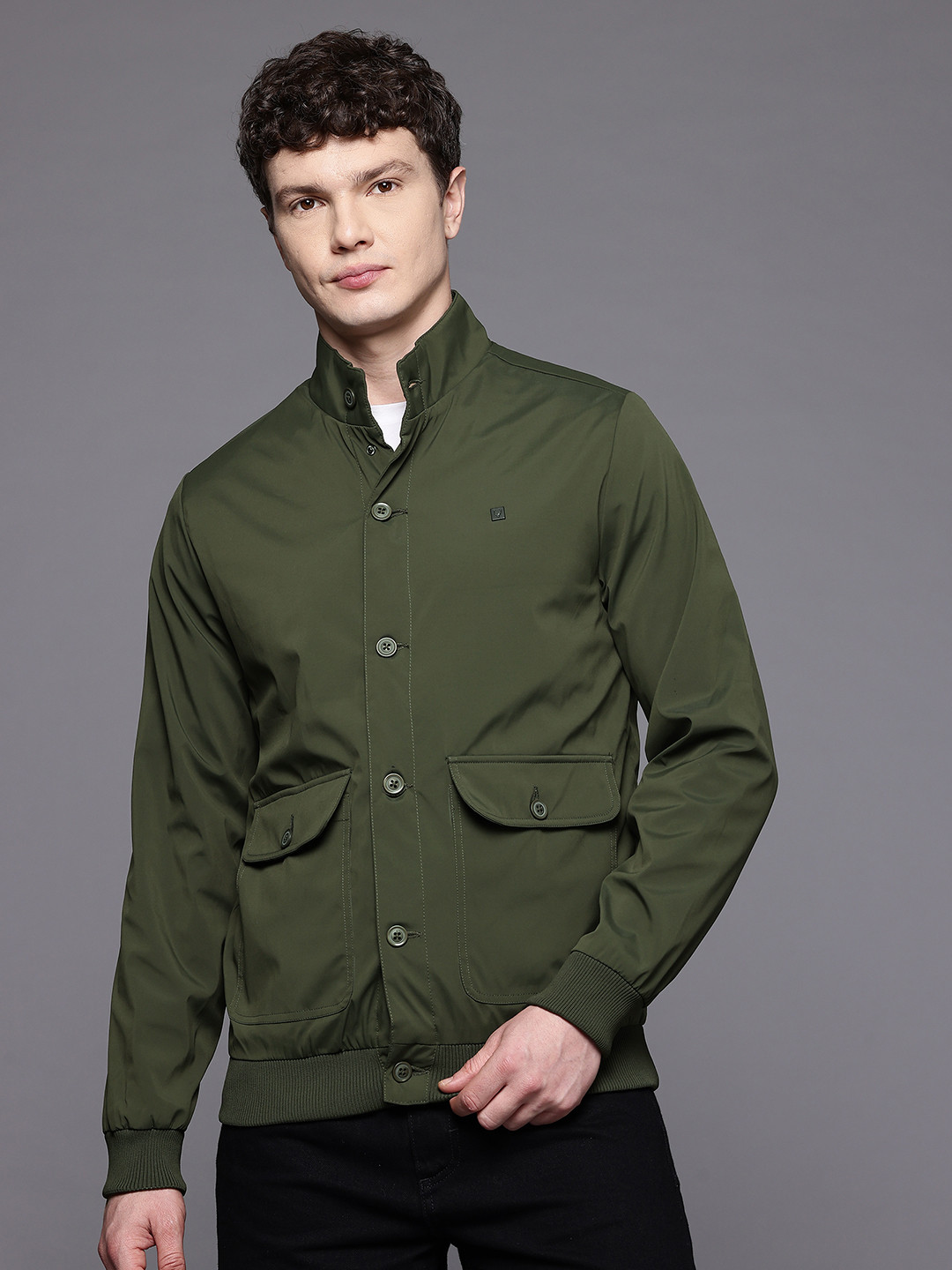 Allen Solly Mock Collar Bomber Jacket with Utility Pockets