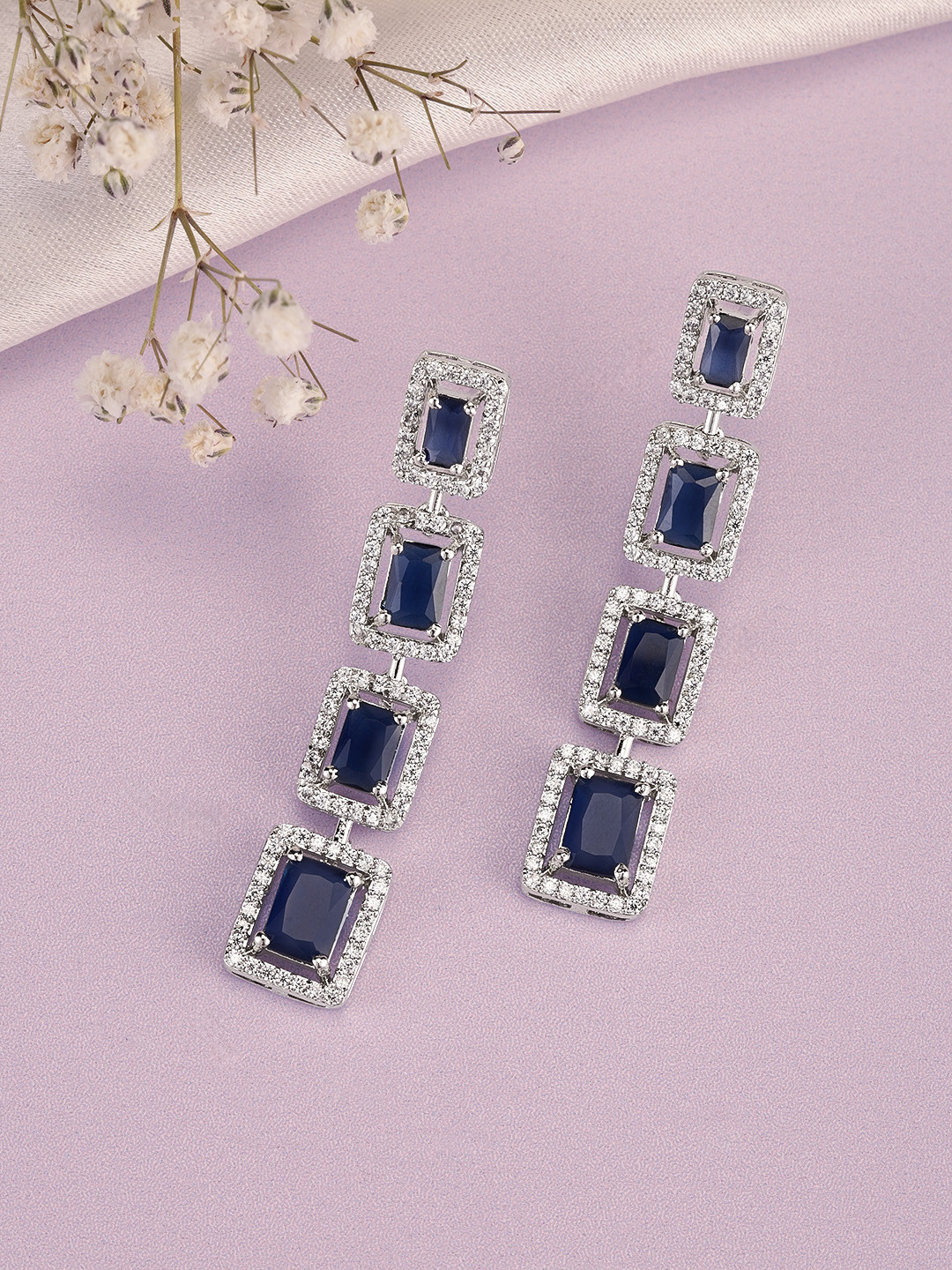 Peora Silver-Plated Square Shaped Crystal Studded Drop Earrings