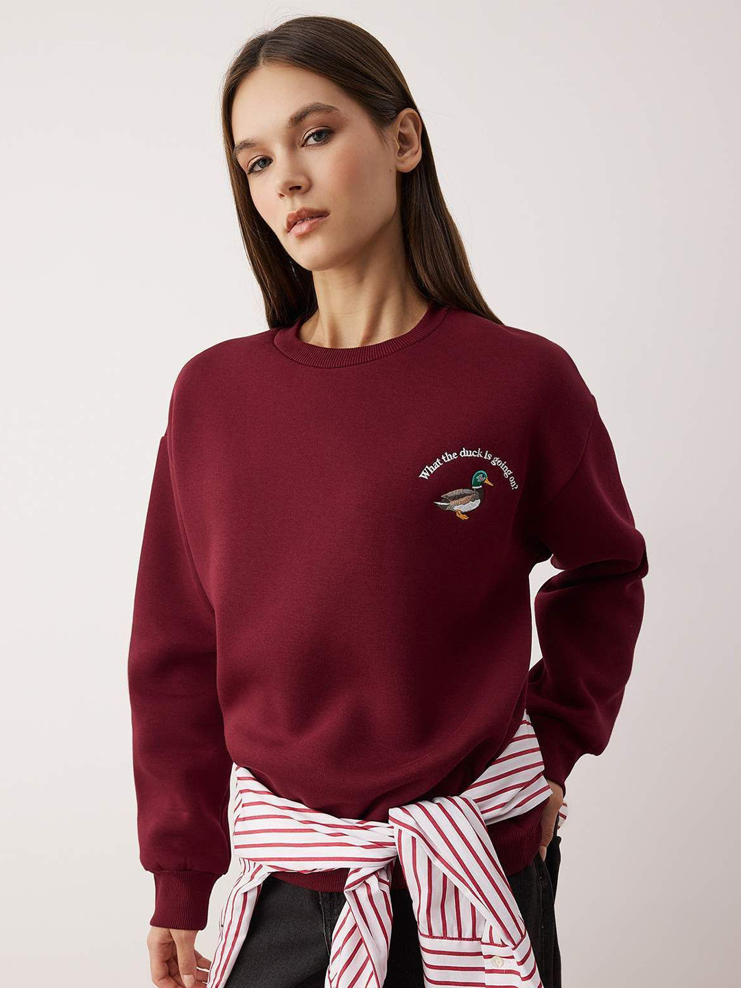 Trendyol Women Embroidered Details Round Neck Long Sleeves Oversized Sweatshirt