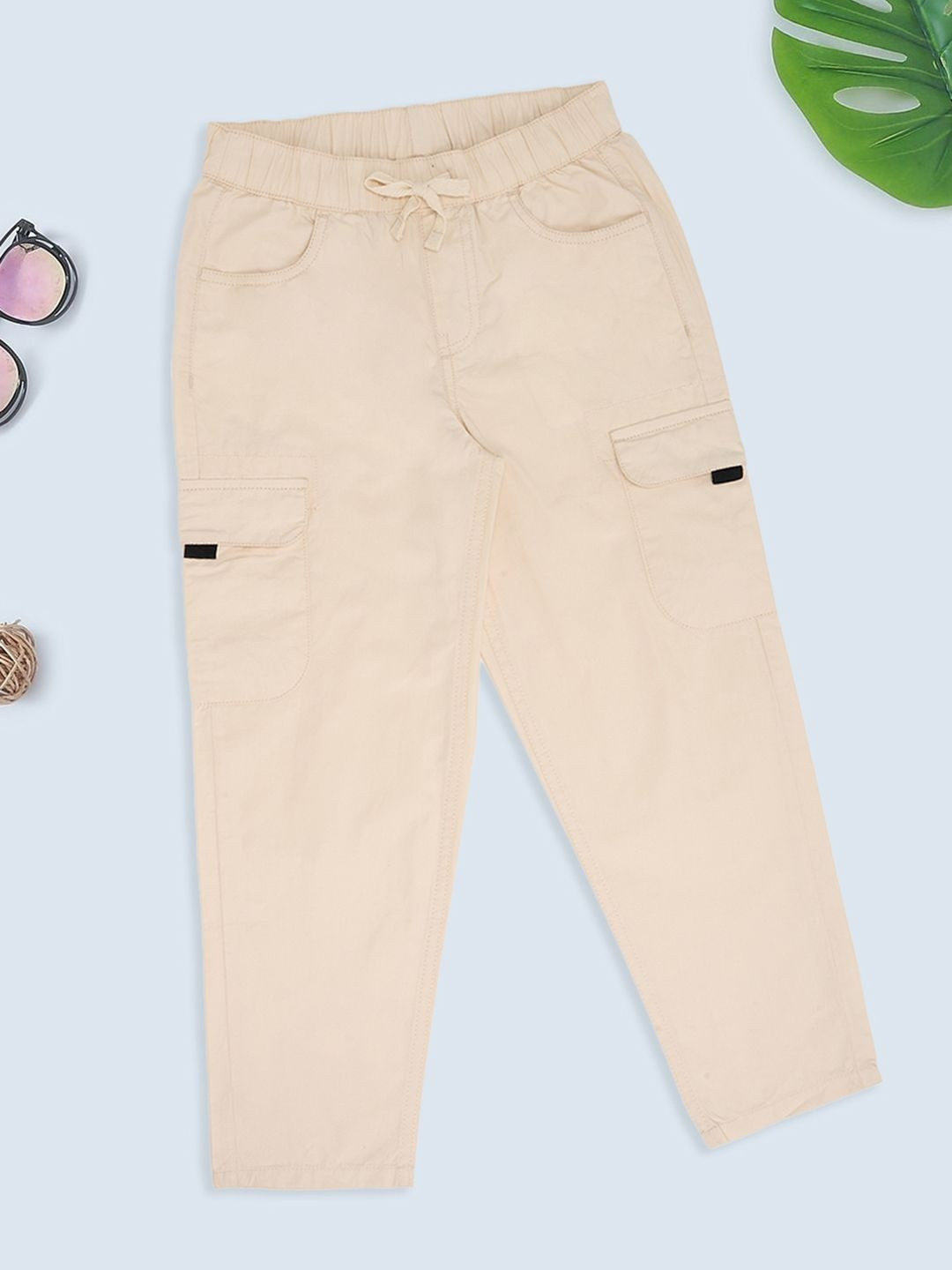 Pantaloons Junior Girls Solid Relaxed Fit Mid-Rise Plain Pure Cotton Cargo Trousers