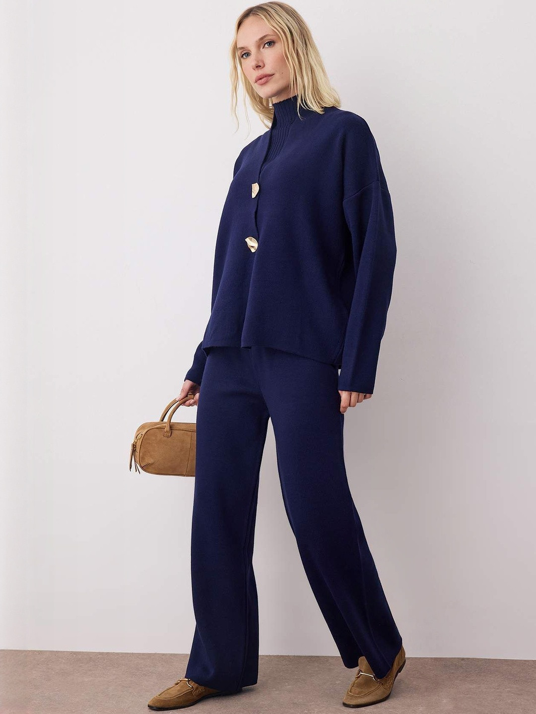 Trendyol Mandarin-Neck Long-Sleeve Coat With Trouser & Sweater
