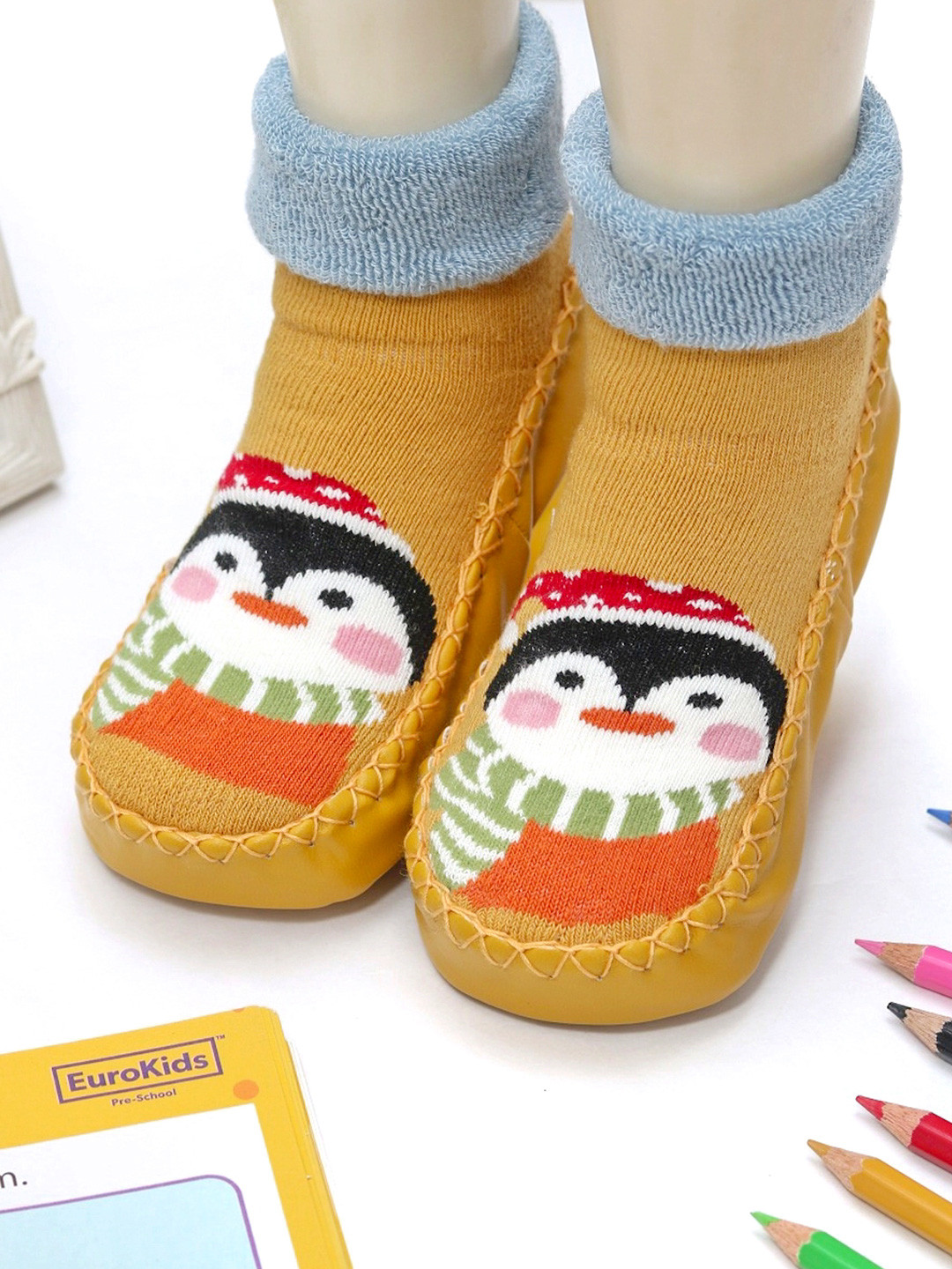 Yellow Bee Boys Penguin Print Anti-Skid Leather Sole Shoe Socks