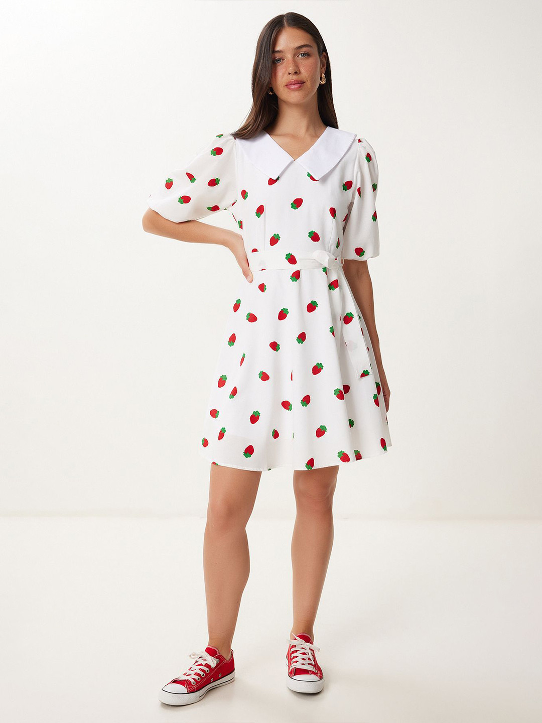 Happiness istanbul Printed Peter Pan Collar Puff Sleeve A-Line Midi Dress