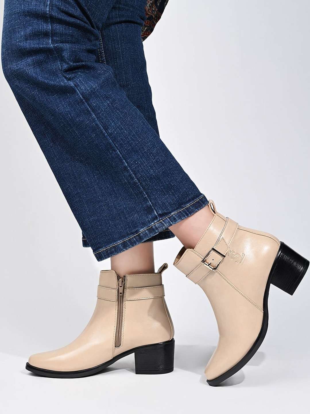 LOUIS STITCH Elegant Mid-Top Neck Belt Buckle Slip-On Chelsea Block Boots