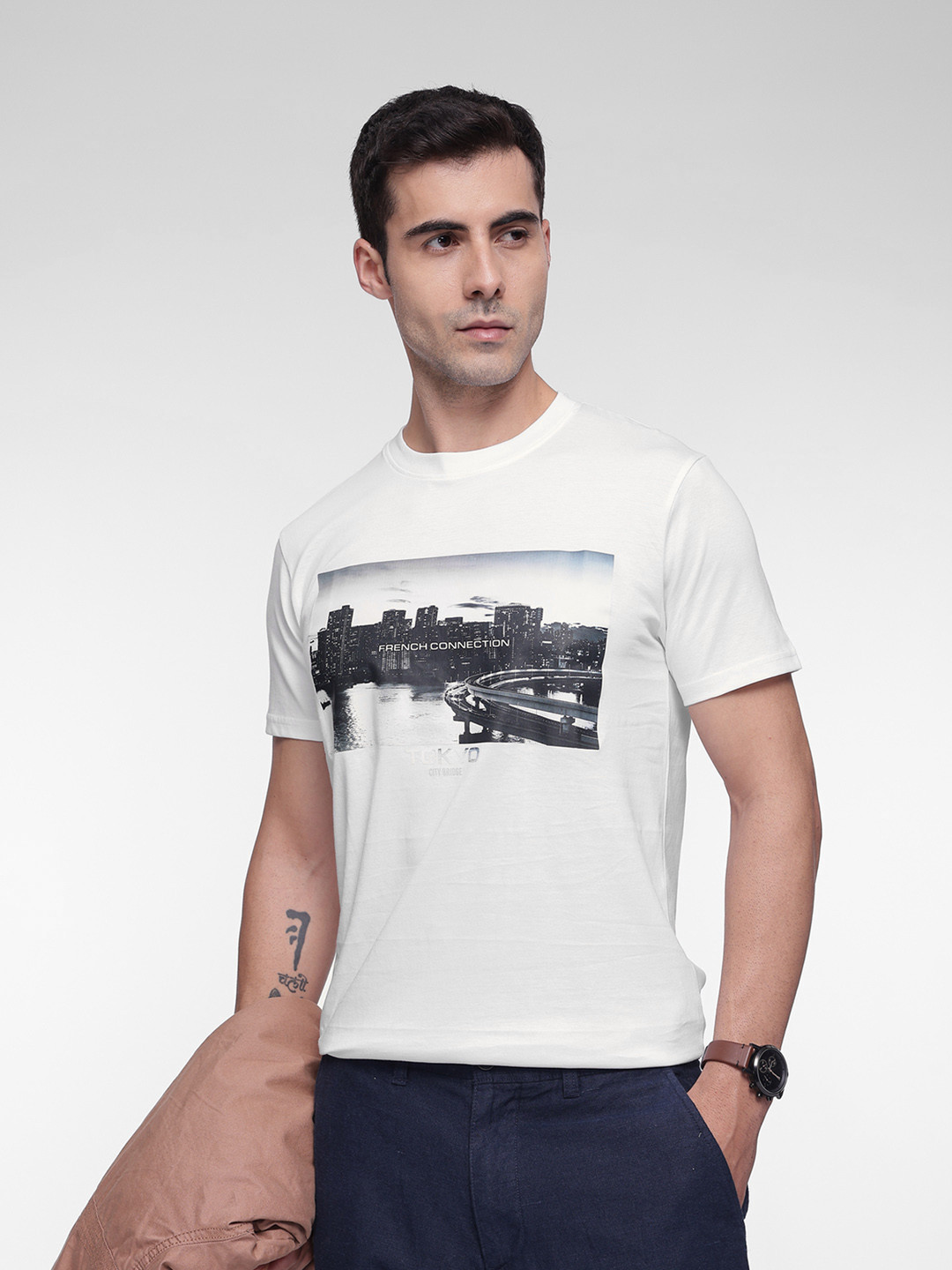 French Connection Graphic Printed Pure Cotton Casual T-shirt