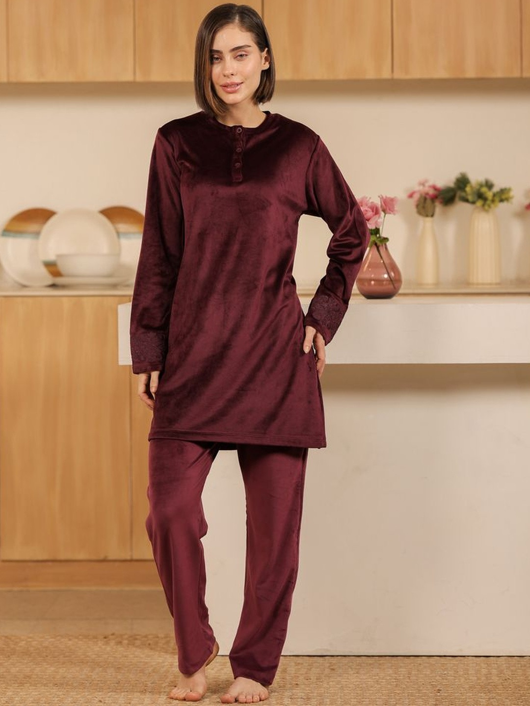 KIZA Women Round Neck Long Sleeves Night suit