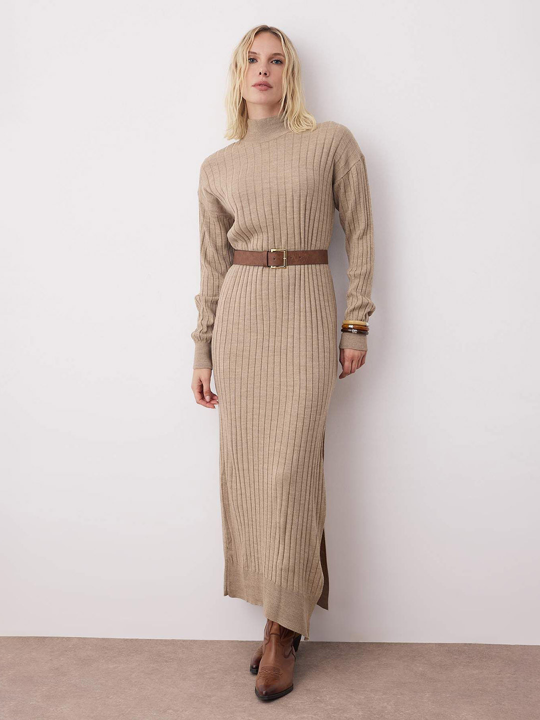 Trendyol Women Self Design Long Sleeves Belted Sheath Maxi Dress