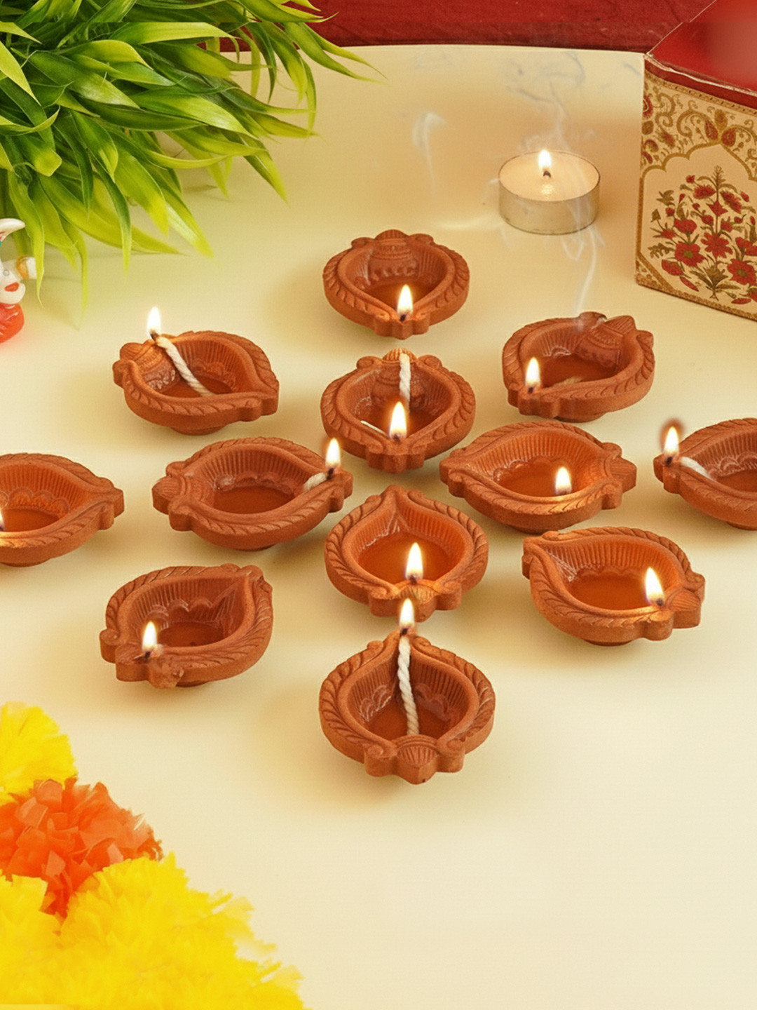 TIED RIBBONS Brown Set of 12 Handmade Clay Terracotta Diyas