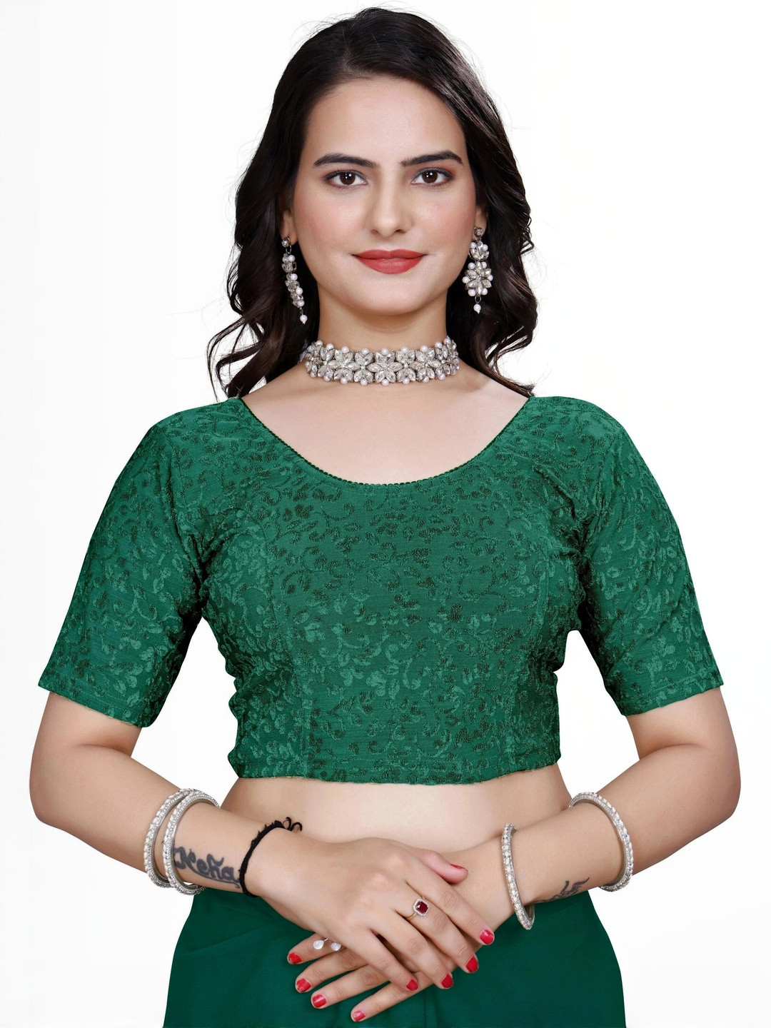 KIPZY Women Ethnic Motifs Embroidered Round Neck Saree Blouse