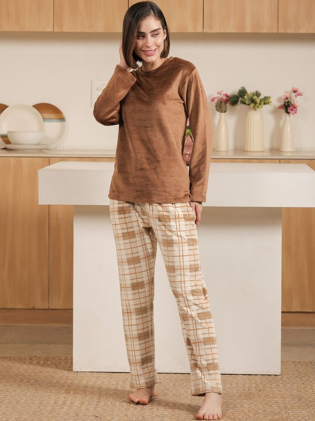 KIZA Women Brown Solid Velvet Round Neck Top & Checked Pyjamas Night Suit