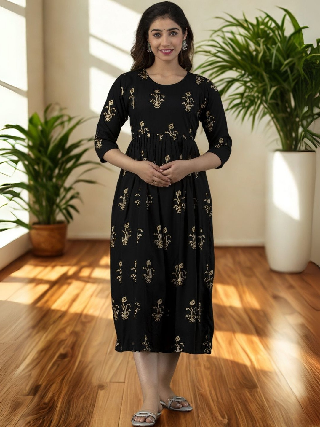 Vaidiki Women Maternity Plus Size Floral Printed Pleated Detail Fit & Flared Midi Dresses