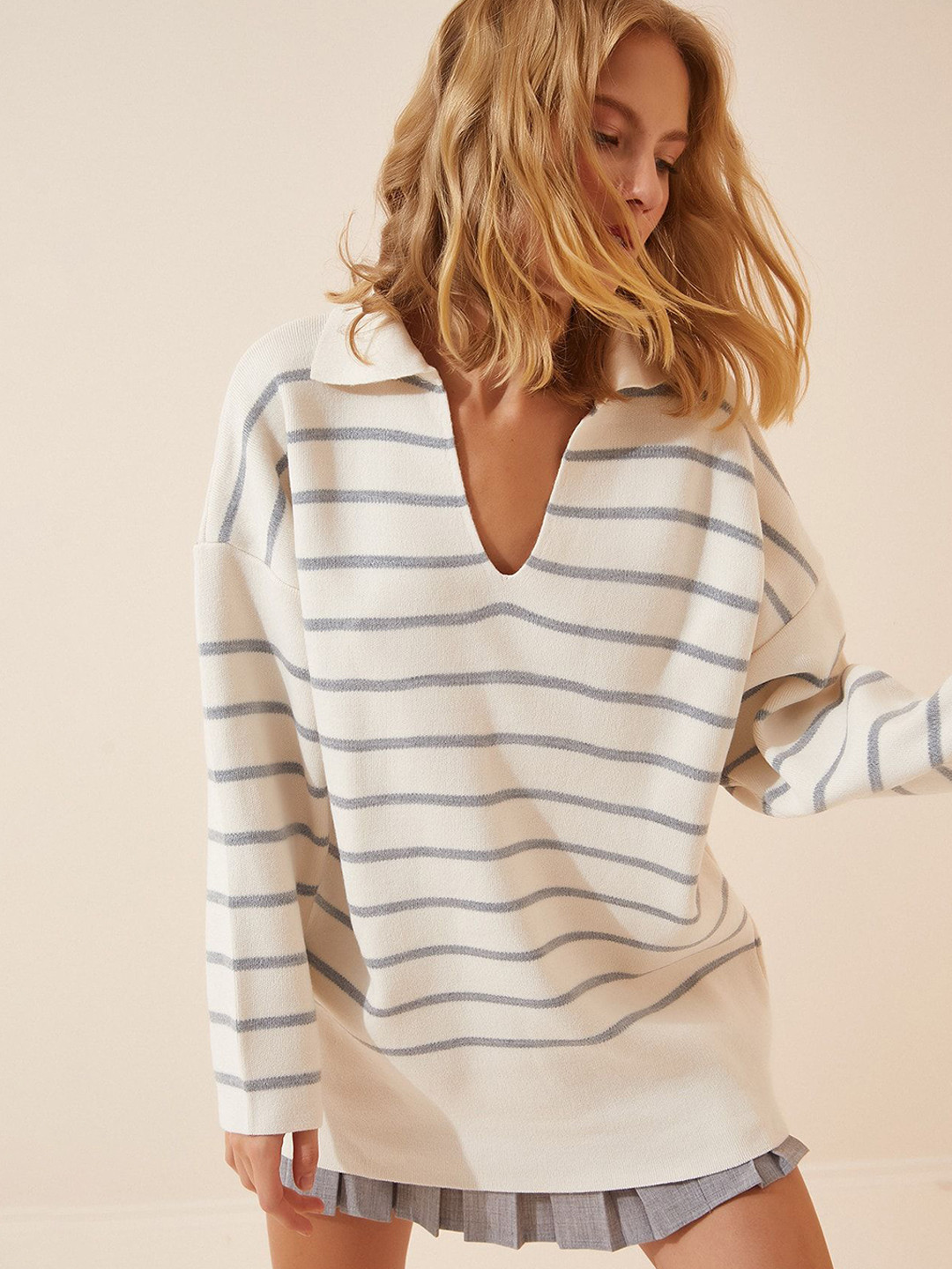 Happiness istanbul Women Gri Ekru Striped Pullover Sweater