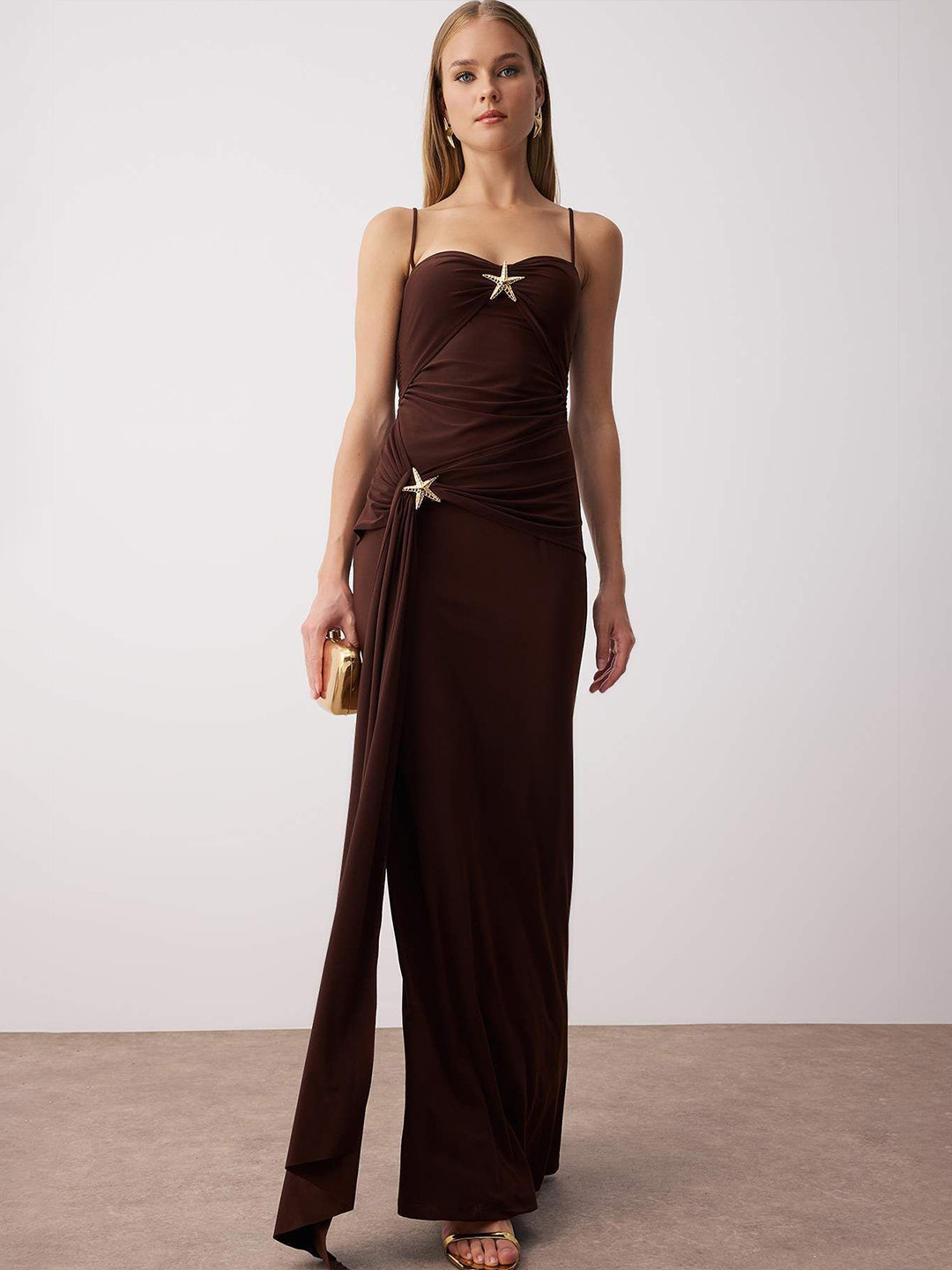 Trendyol Women Solid Shoulder Straps Embellished Detail Maxi Dress