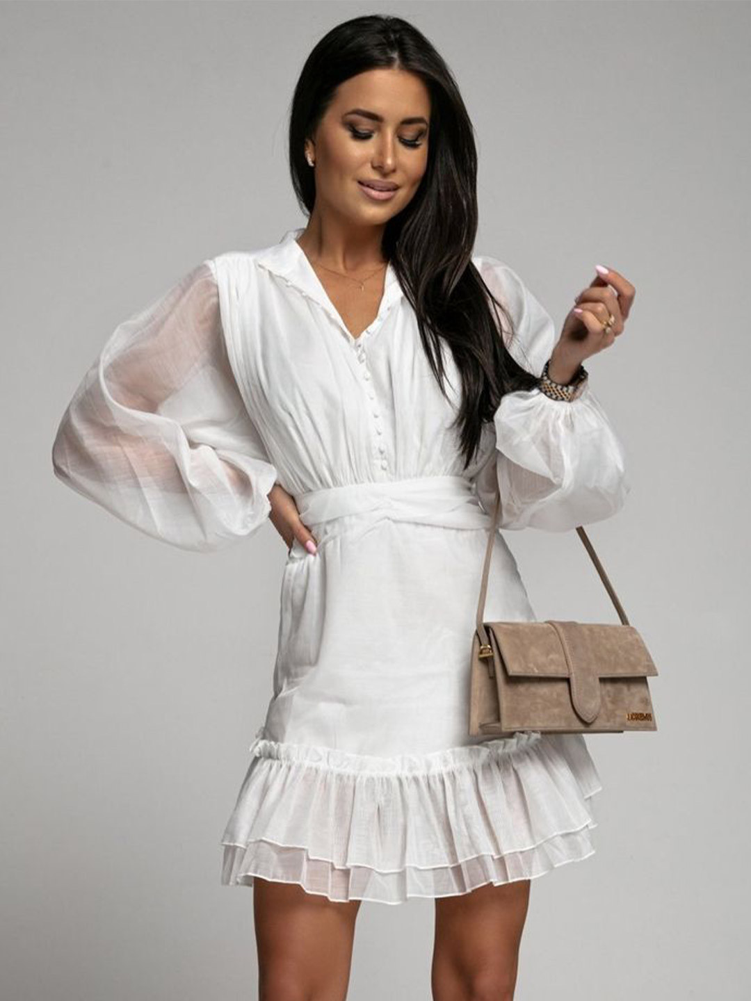 LULU & SKY Women Shirt Collared Puff Sleeve Flounced Ruffled Fit & Flare Mini Dress