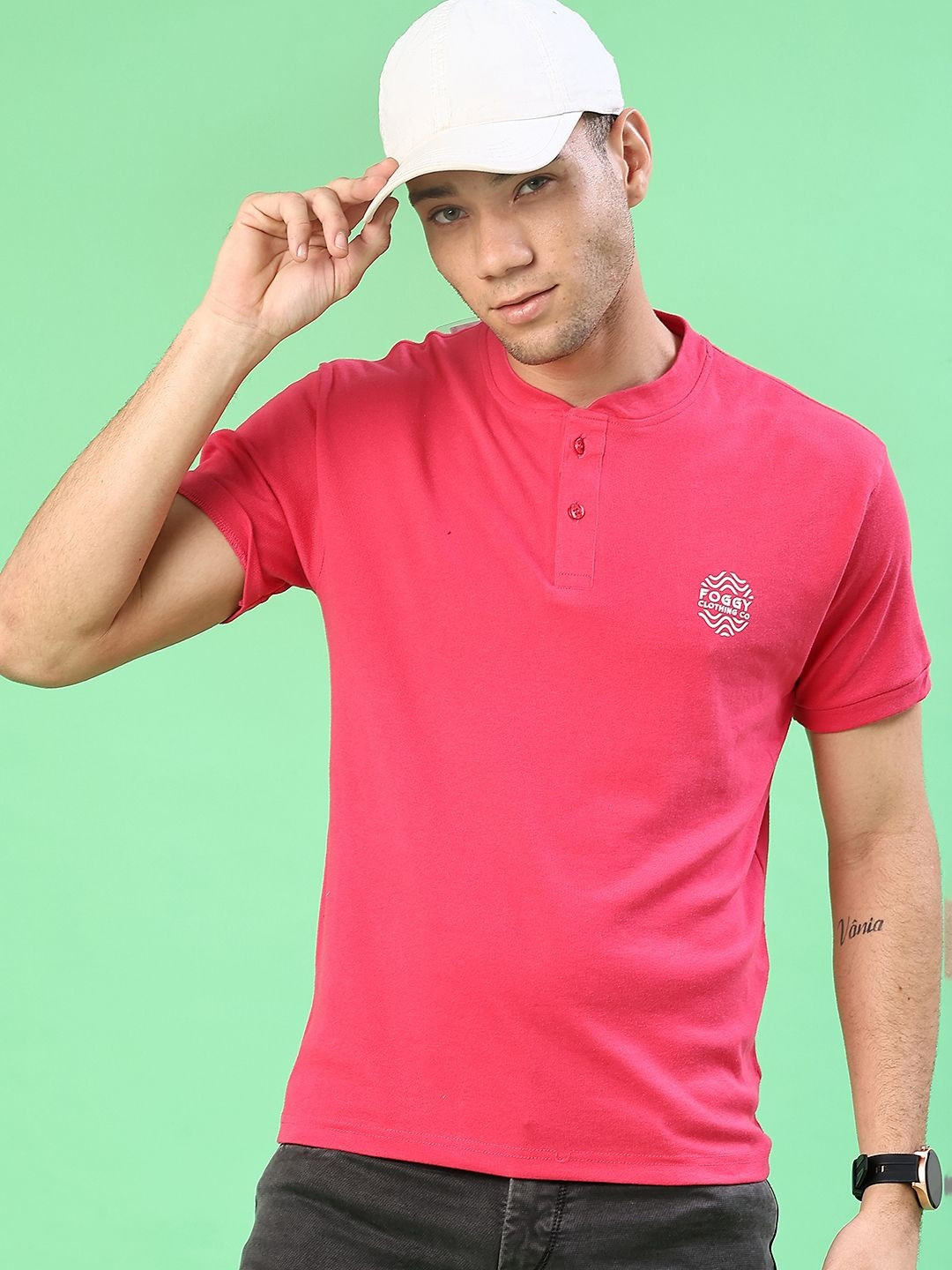 V-Mart Men Brand Logo Henley Neck T-shirt