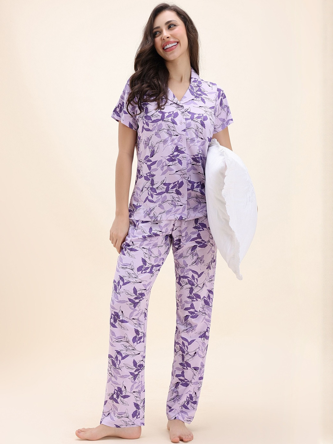 Zivame Women Ethnic Motifs Printed Lapel Collar Pure Cotton Shirt & Pyjamas Night suit