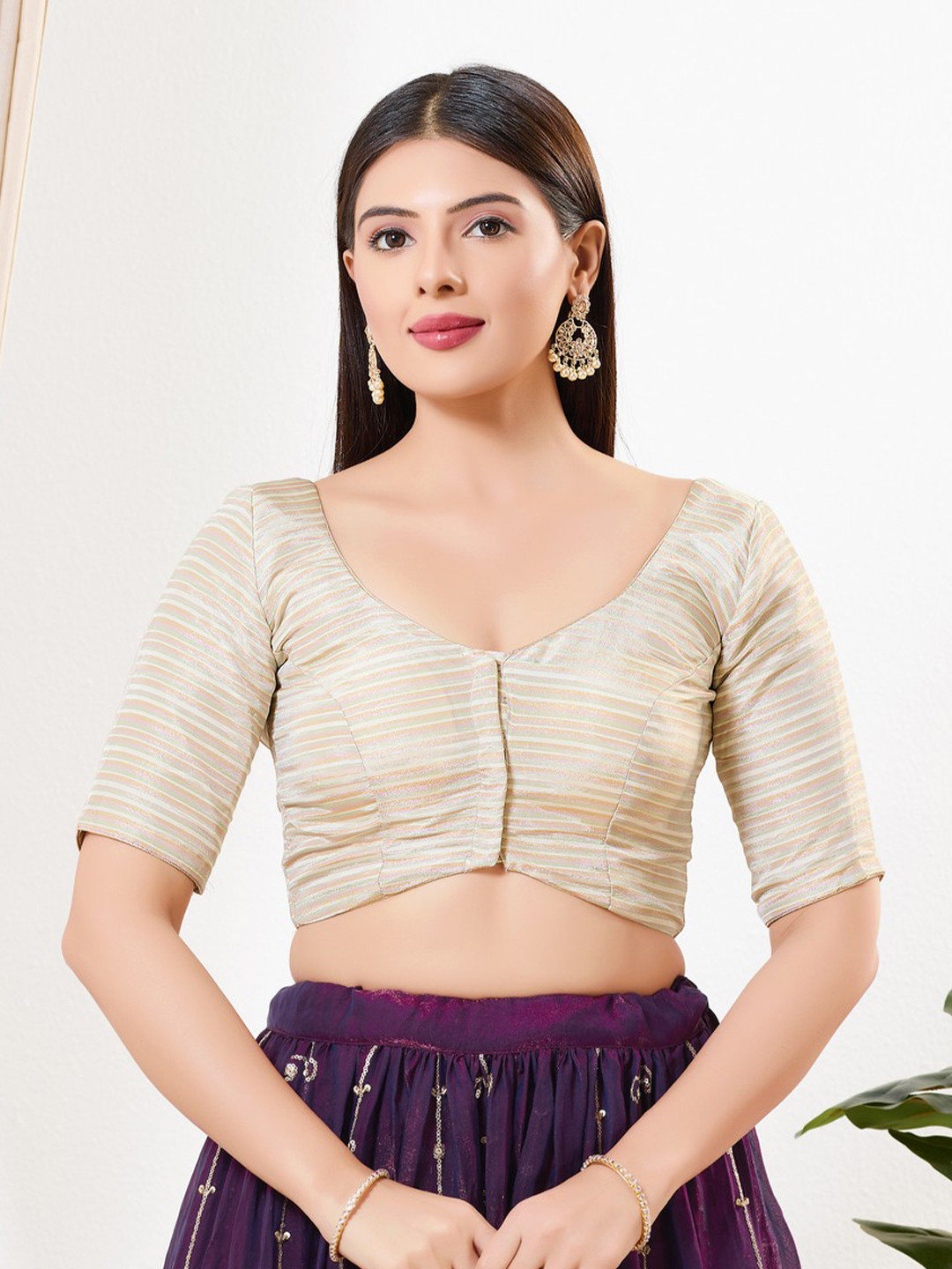 VAMAS - THE DESIGNER BLOUSES Striped Silk Round Neck Padded Saree Blouse