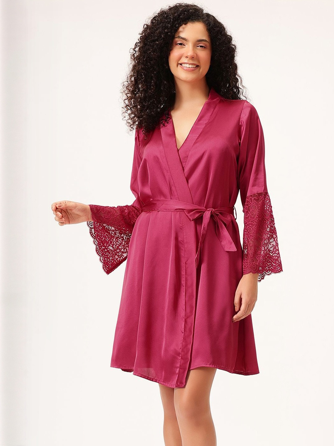 Clovia Women Satin Lace Back Flared Sleeves with Tie-Up Belt Robe