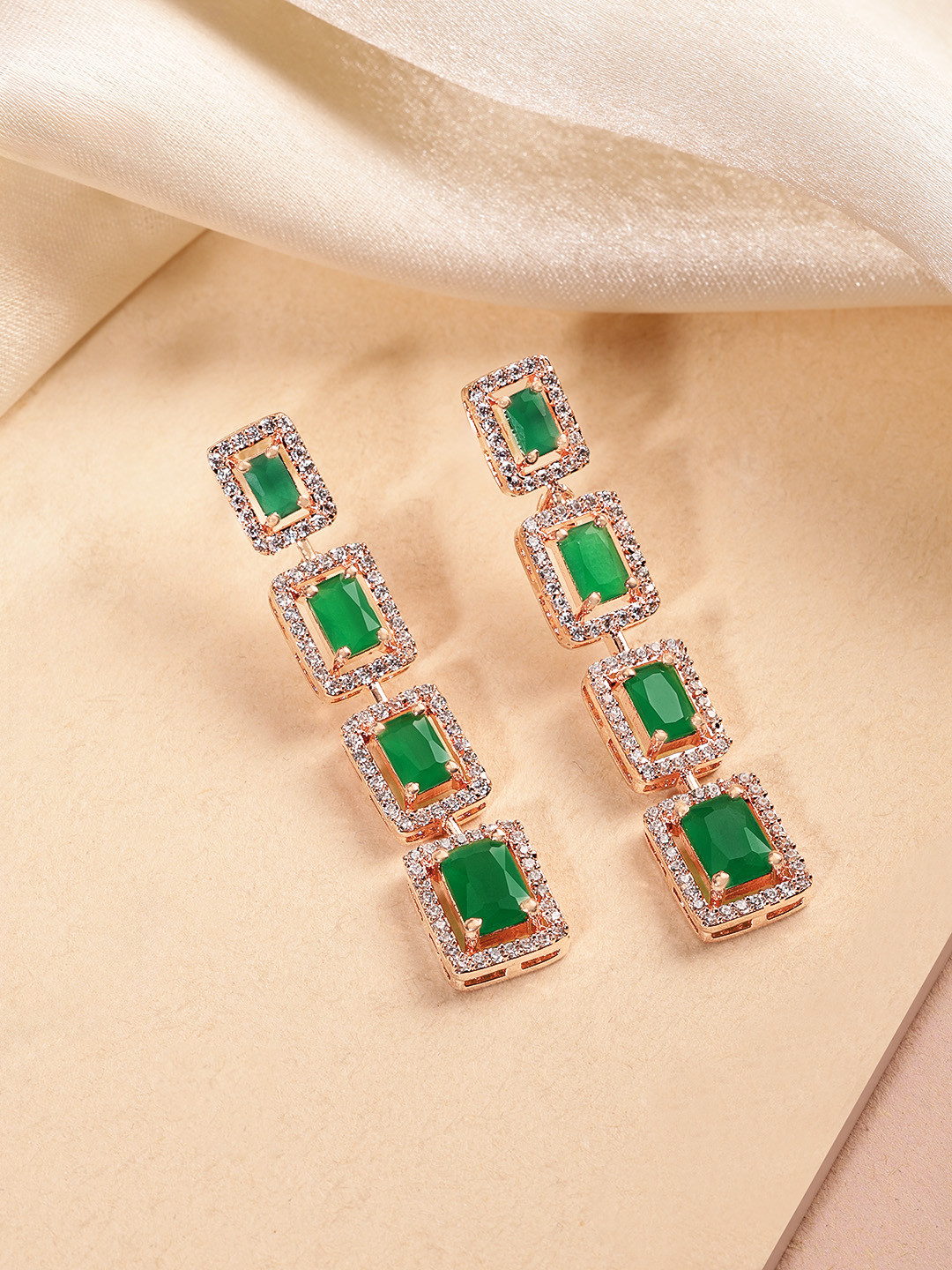 Peora Rose Gold Plated CZ Studded Square Drop Dangle Earrings