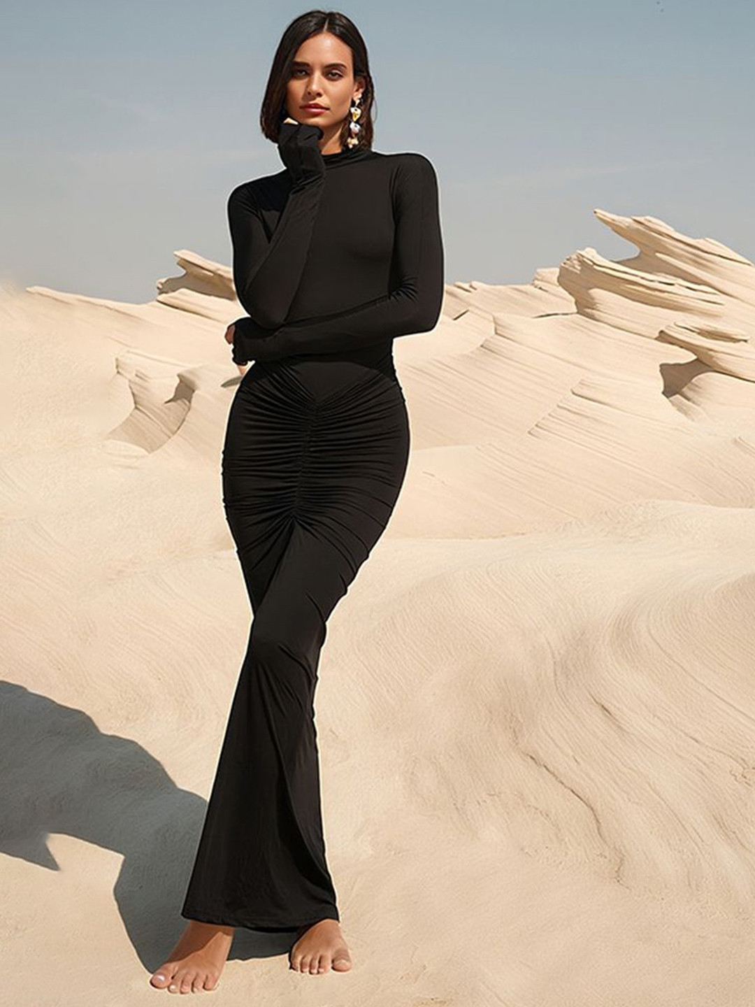 LULU & SKY Women High Neck Full Sleeves Ruched Bodycon Maxi Dress