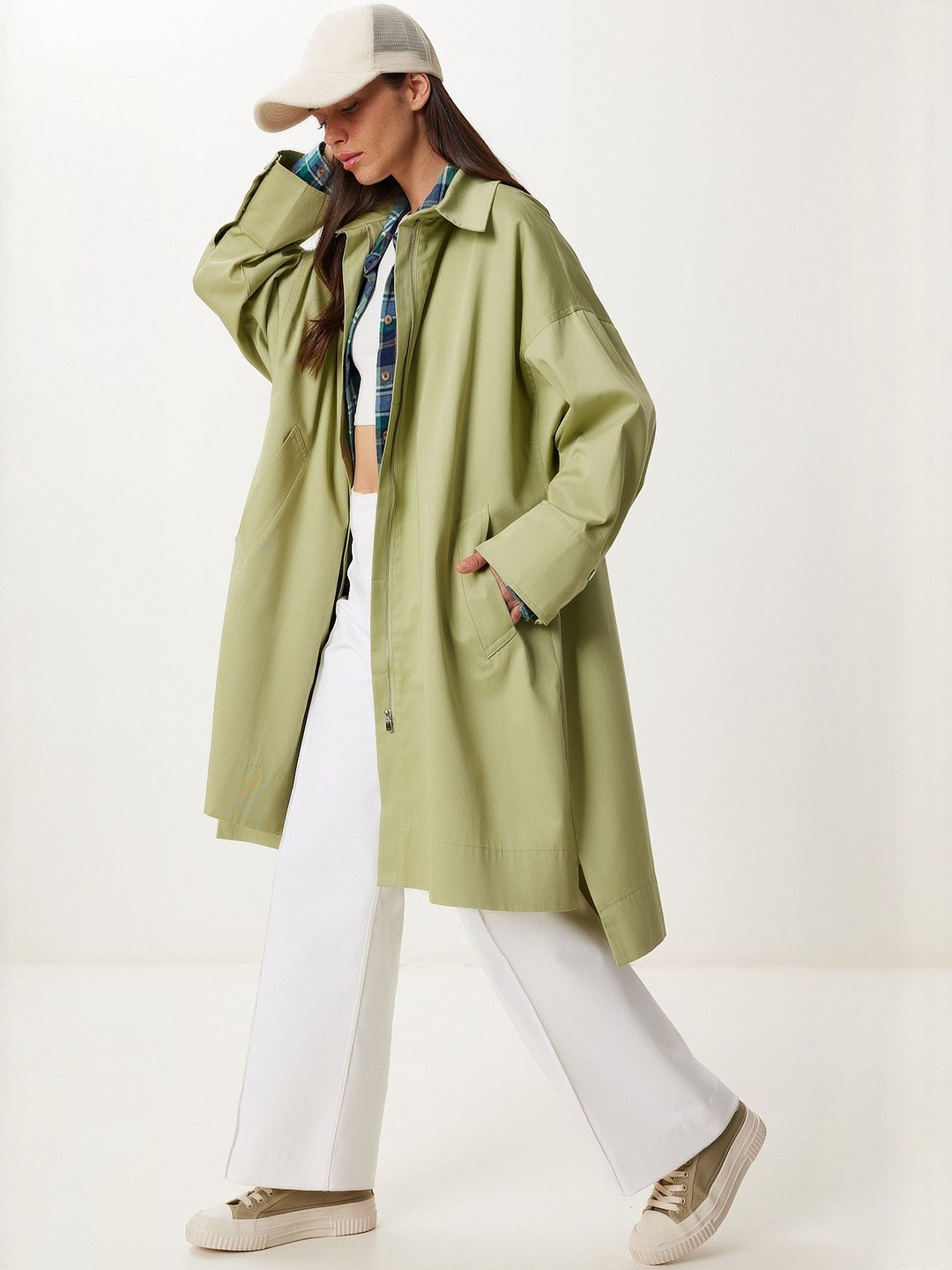 Happiness istanbul Women Cotton Zipper Spread Collar Front Open Notched Collar Trench Coat
