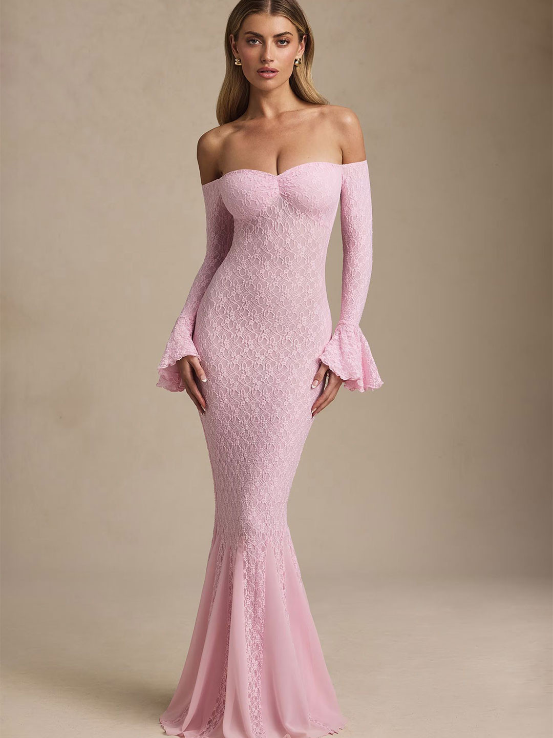 LULU & SKY Wimen Off-Shoulder Flared Sleeve Ruffled Maxi Dress